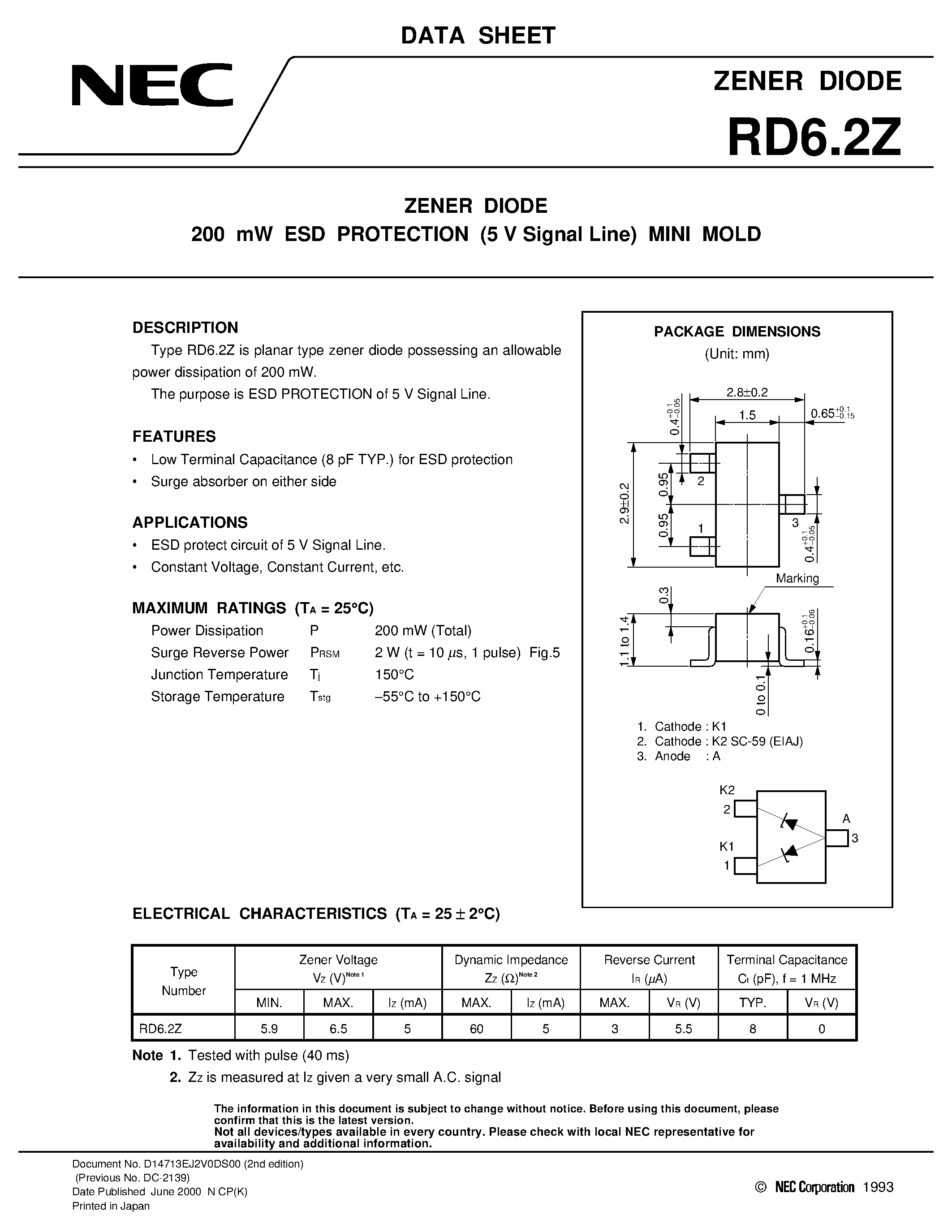 Даташит RD6.2Z - ZENER DIODE 200 mW ESD PROTECTION 5 V Signal Line MINI MOLD страница 1