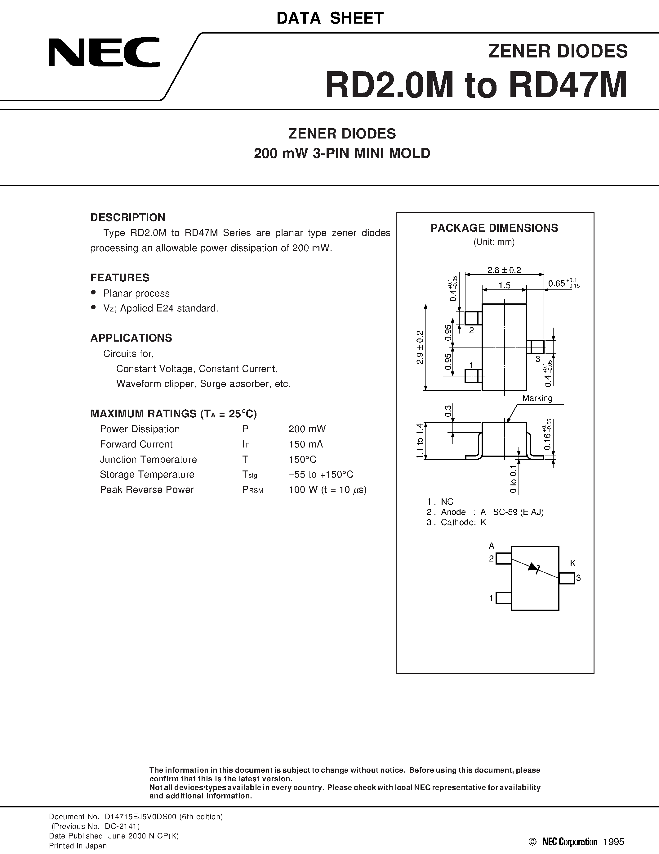 Datasheet RD8.2M - ZENER DIODES 200 mW 3-PIN MINI MOLD page 1