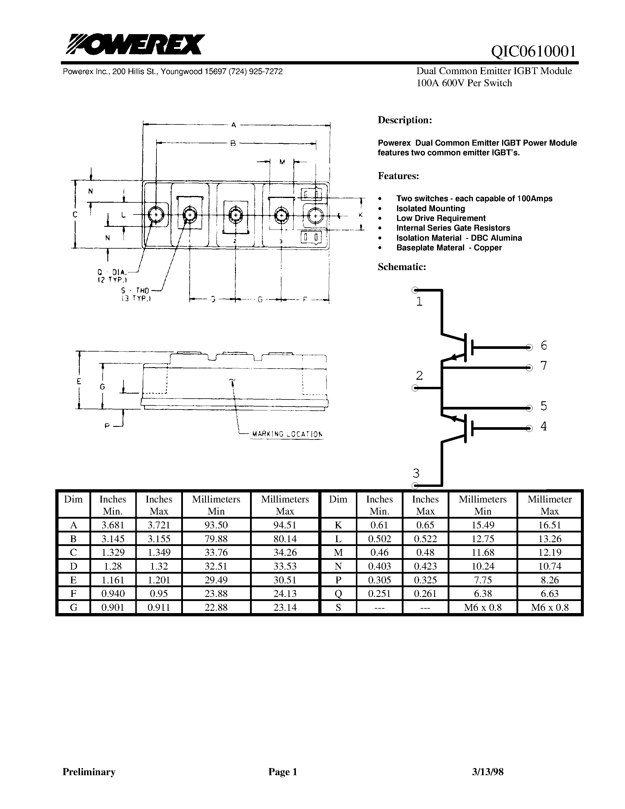 Datasheet QIC0610001 page 1 Datasheet QIC0610001 - Dual Common Emitter IGBT Module 100A 600V Per Switch page 1