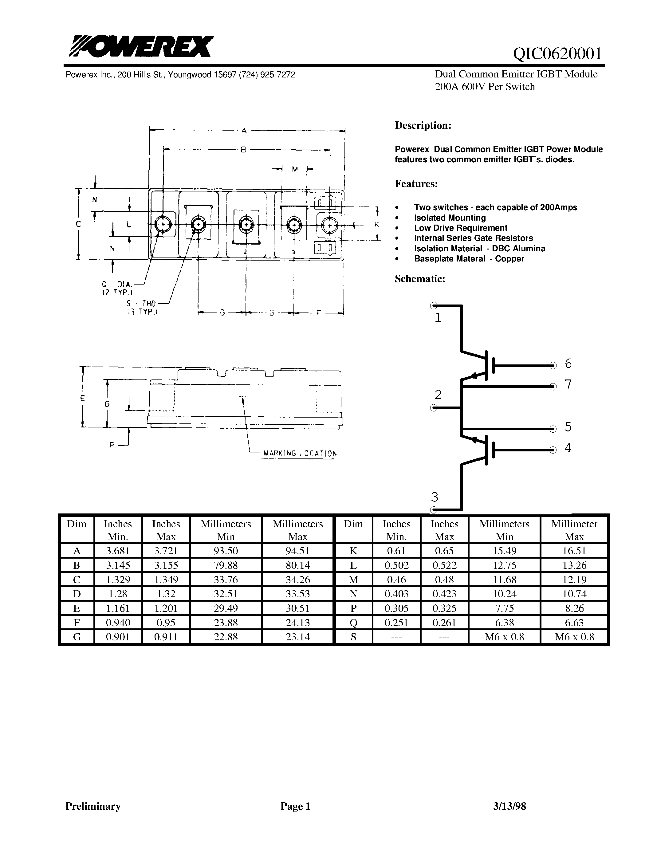 Datasheet QIC0620001 page 1 Datasheet QIC0620001 - Dual Common Emitter IGBT Module 200A 600V Per Switch page 1