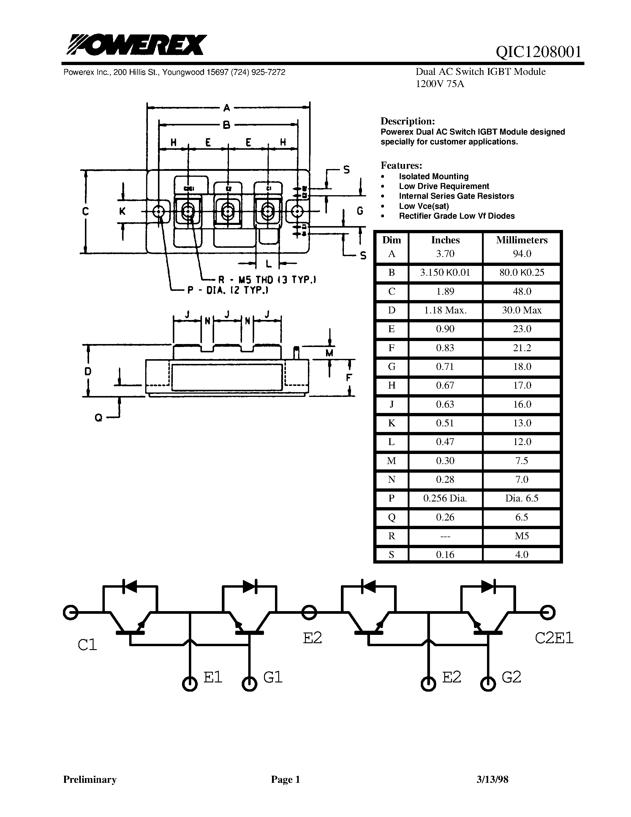 Datasheet QIC1208001 page 1 Datasheet QIC1208001 - Dual AC Switch IGBT Module 1200V 75A page 1