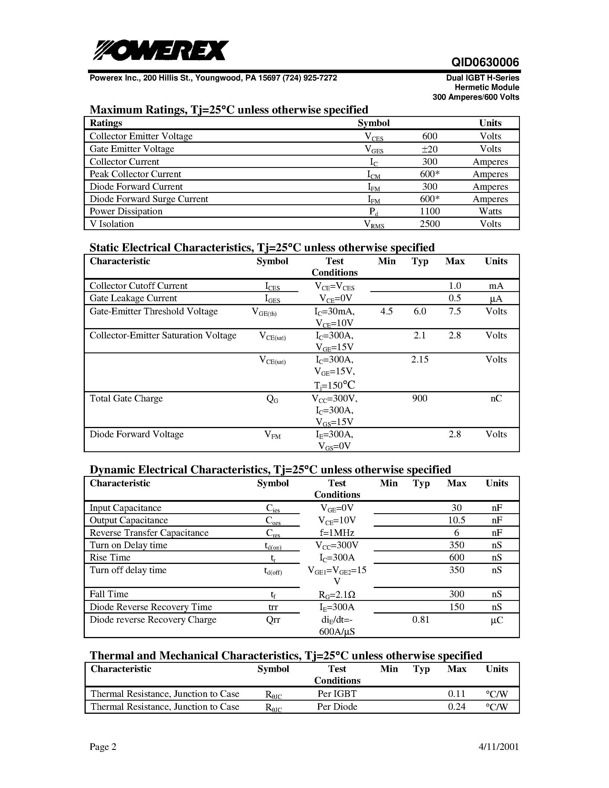 Даташит QID0630006 - Dual IGBT H-Series Hermetic Module (300 Amperes/600 Volts) страница 2