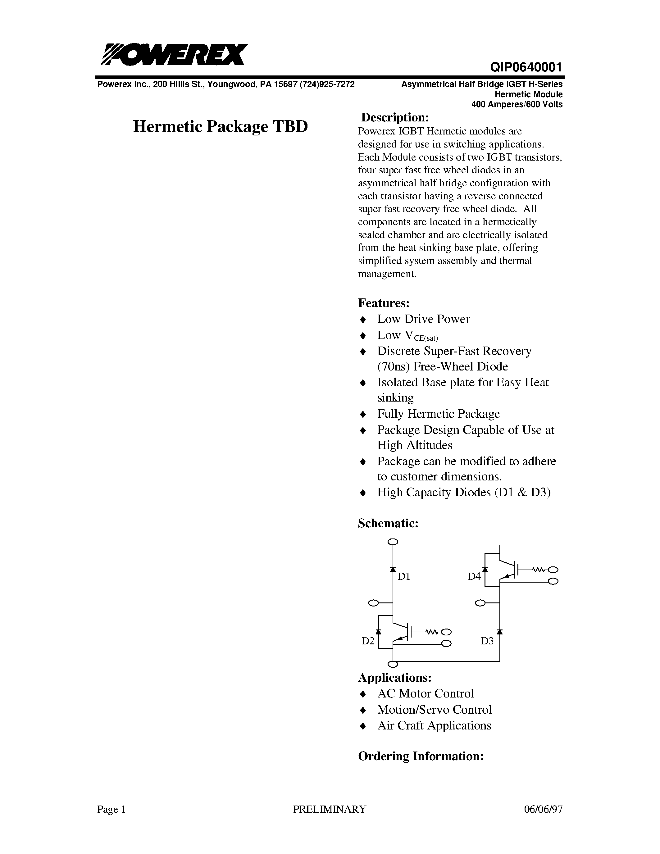 Datasheet QIP0640001 - Asymmetrical Half Bridge IGBT H-Series Hermetic Module (400 Amperes/600 Volts) page 1