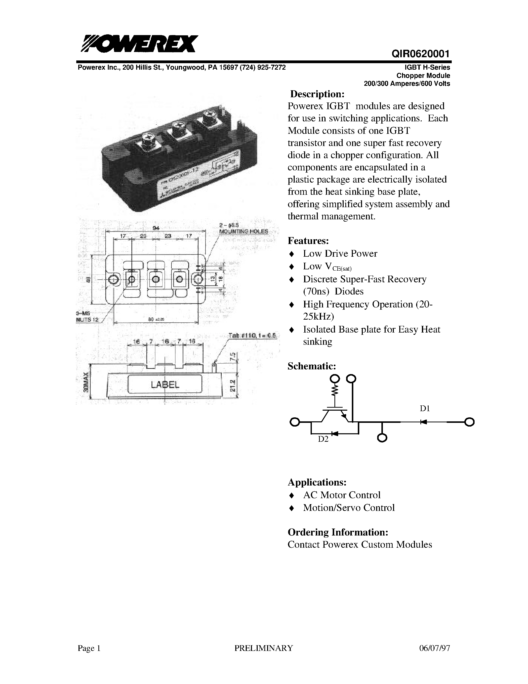 Datasheet QIR0620001 page 1 Datasheet QIR0620001 - IGBT H-Series Chopper Module (200/300 Amperes/600 Volts) page 1