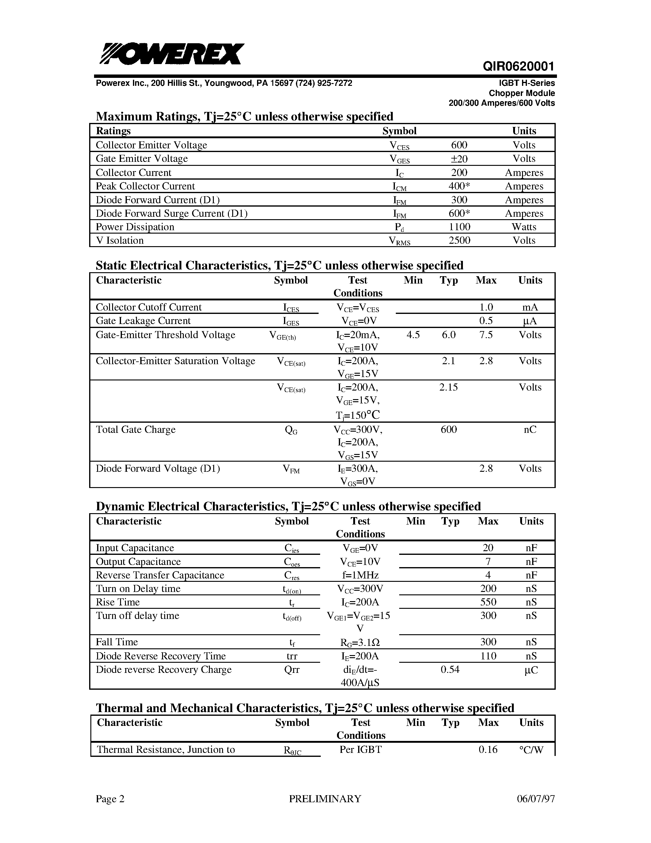 Datasheet QIR0620001 page 2 Datasheet QIR0620001 - IGBT H-Series Chopper Module (200/300 Amperes/600 Volts) page 2