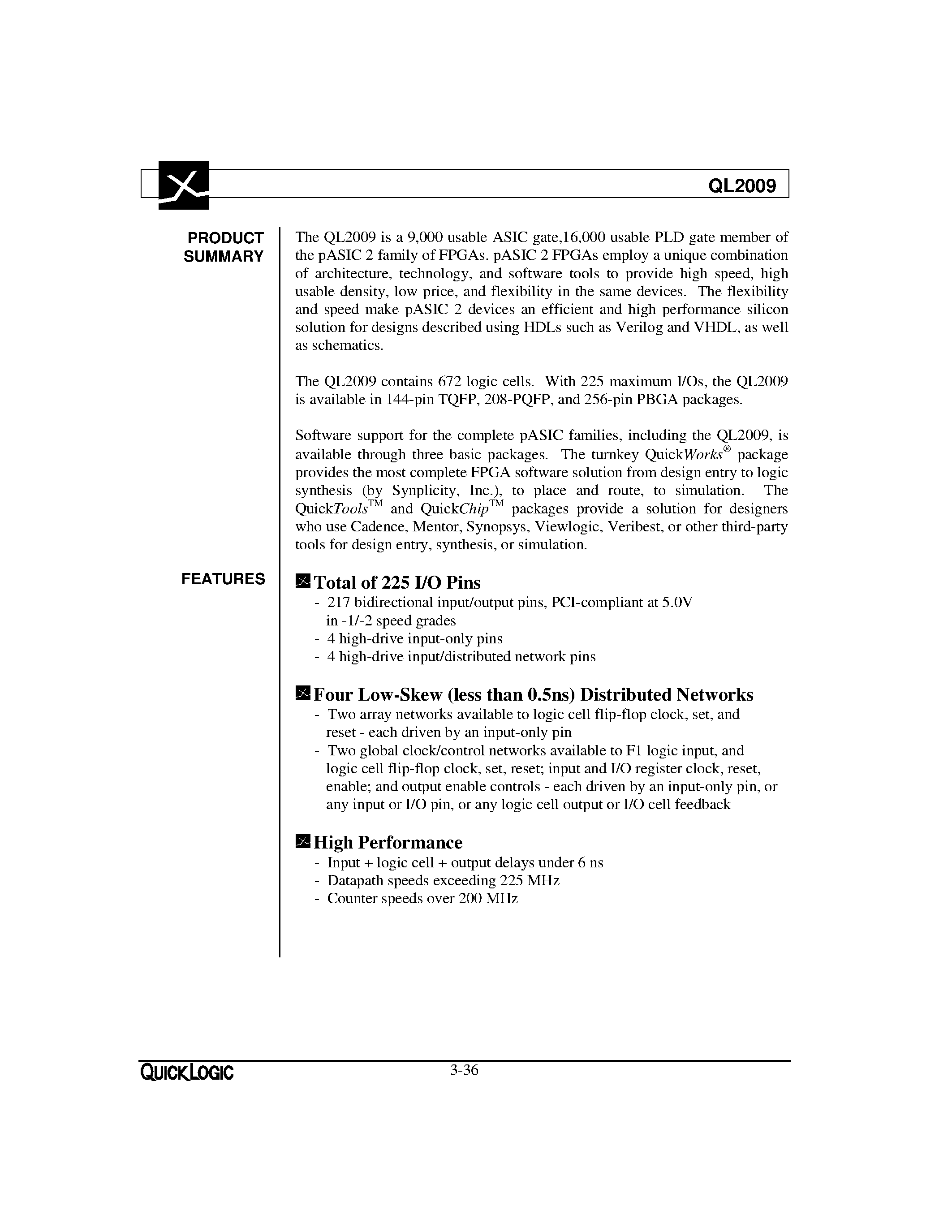 Datasheet QL2009-0PF144I - 3.3V and 5.0V pASIC 2 FPGA Combining Speed/ Density/ Low Cost and Flexibility page 2