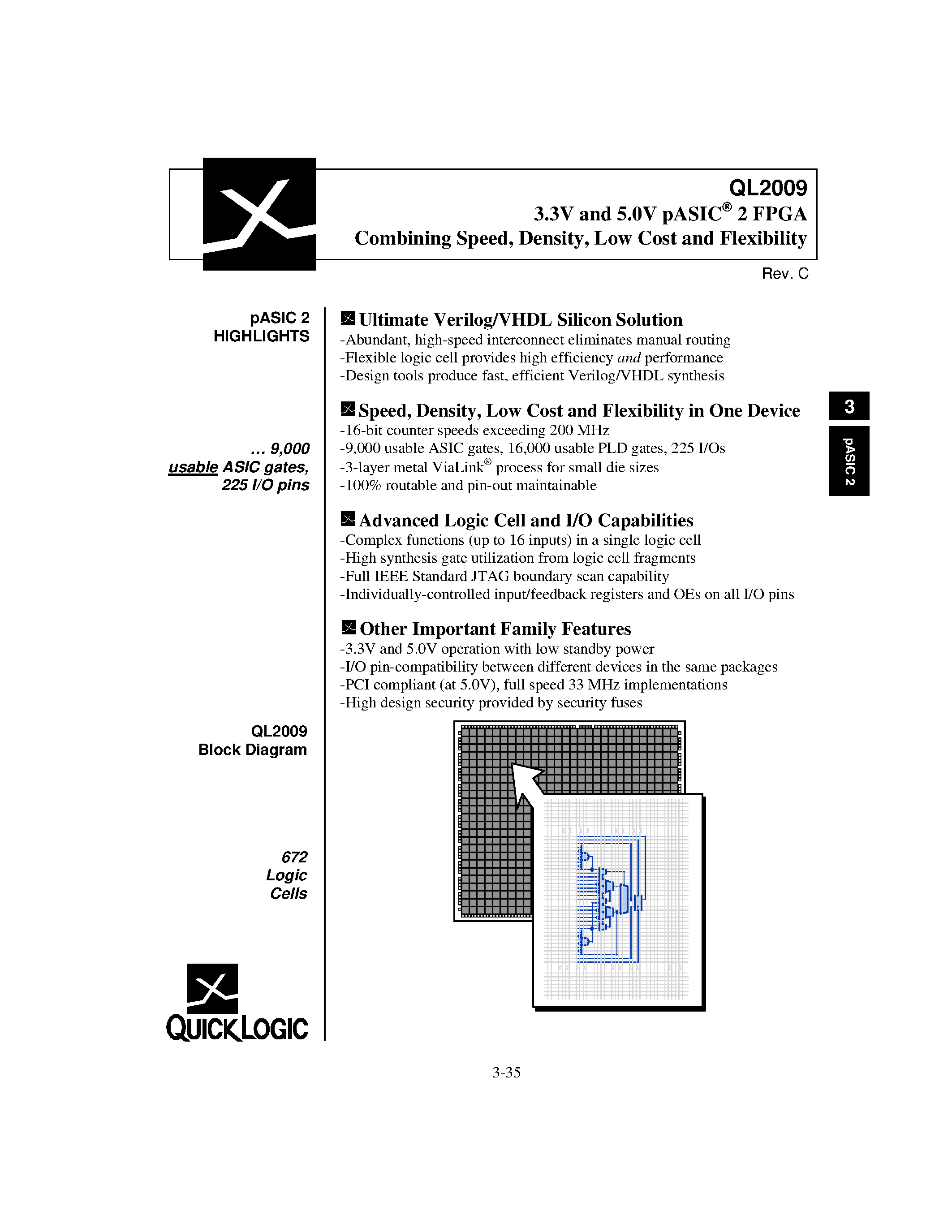 Datasheet QL2009-2PB256I - 3.3V and 5.0V pASIC 2 FPGA Combining Speed/ Density/ Low Cost and Flexibility page 1