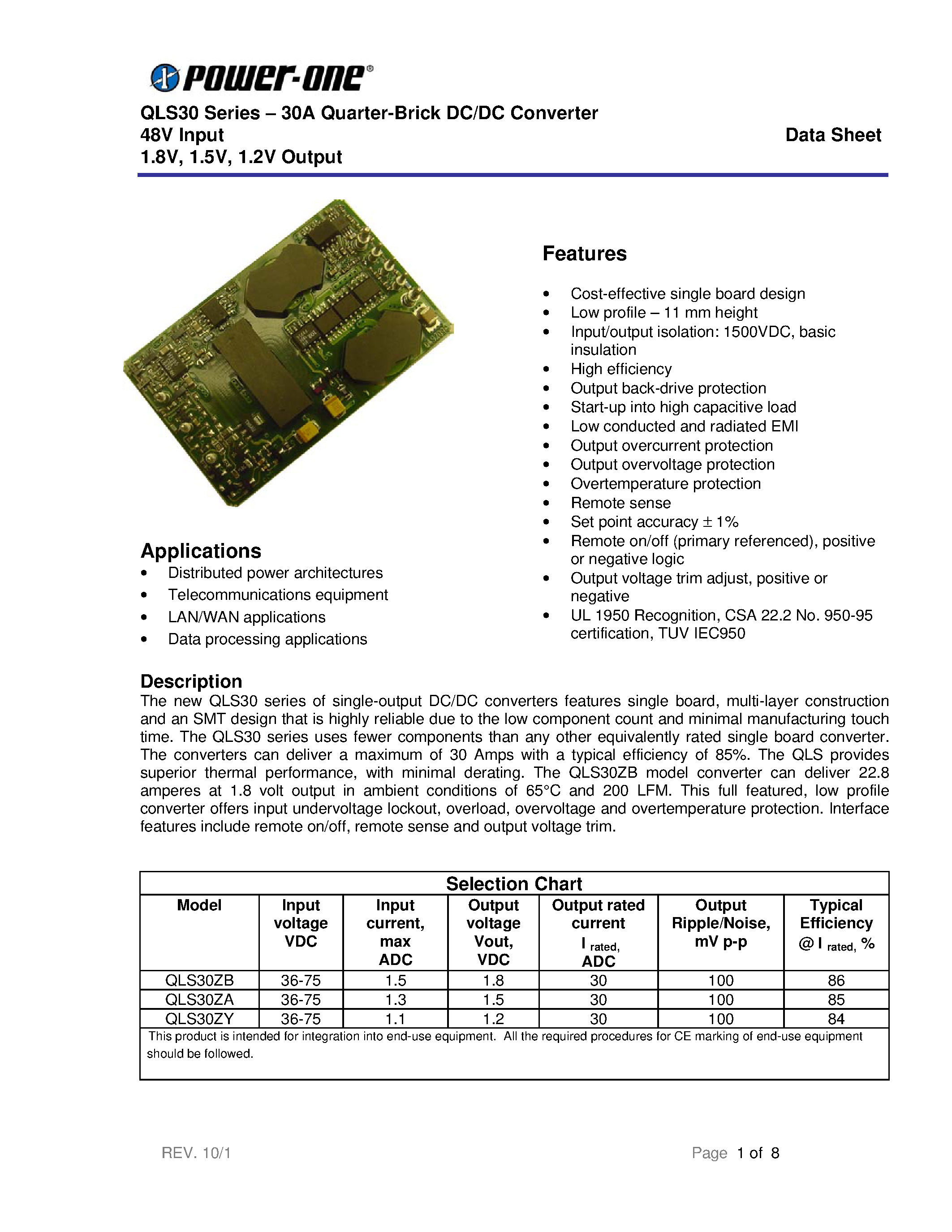 Datasheet QLS30ZA - QLS30 Series . 30A Quarter-Brick DC/DC Converter 48V Input 1.8V/ 1.5V/ 1.2V Output page 1
