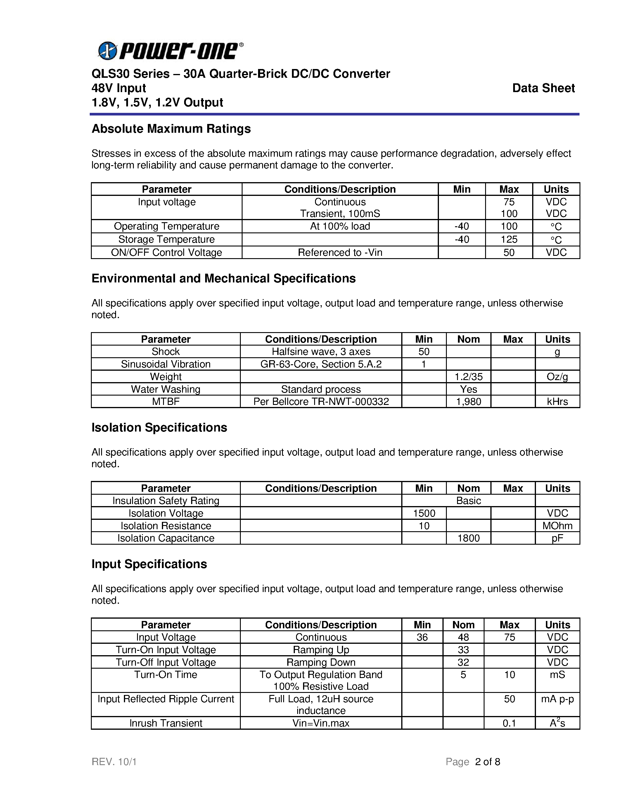 Datasheet QLS30ZA - QLS30 Series . 30A Quarter-Brick DC/DC Converter 48V Input 1.8V/ 1.5V/ 1.2V Output page 2