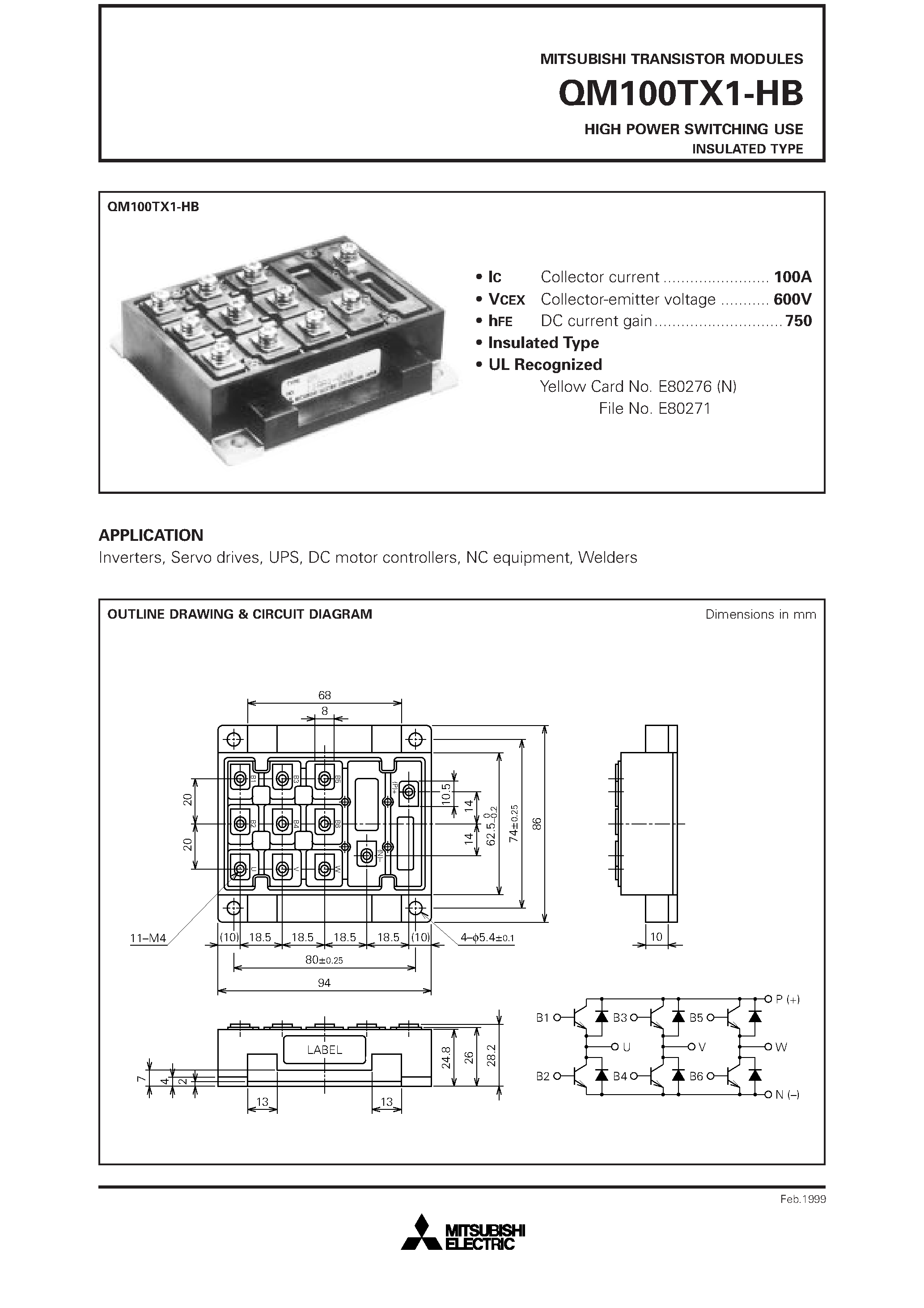 Datasheet QM100 page 1 Datasheet QM100 - HIGH POWER SWITCHING USE INSULATED TYPE page 1