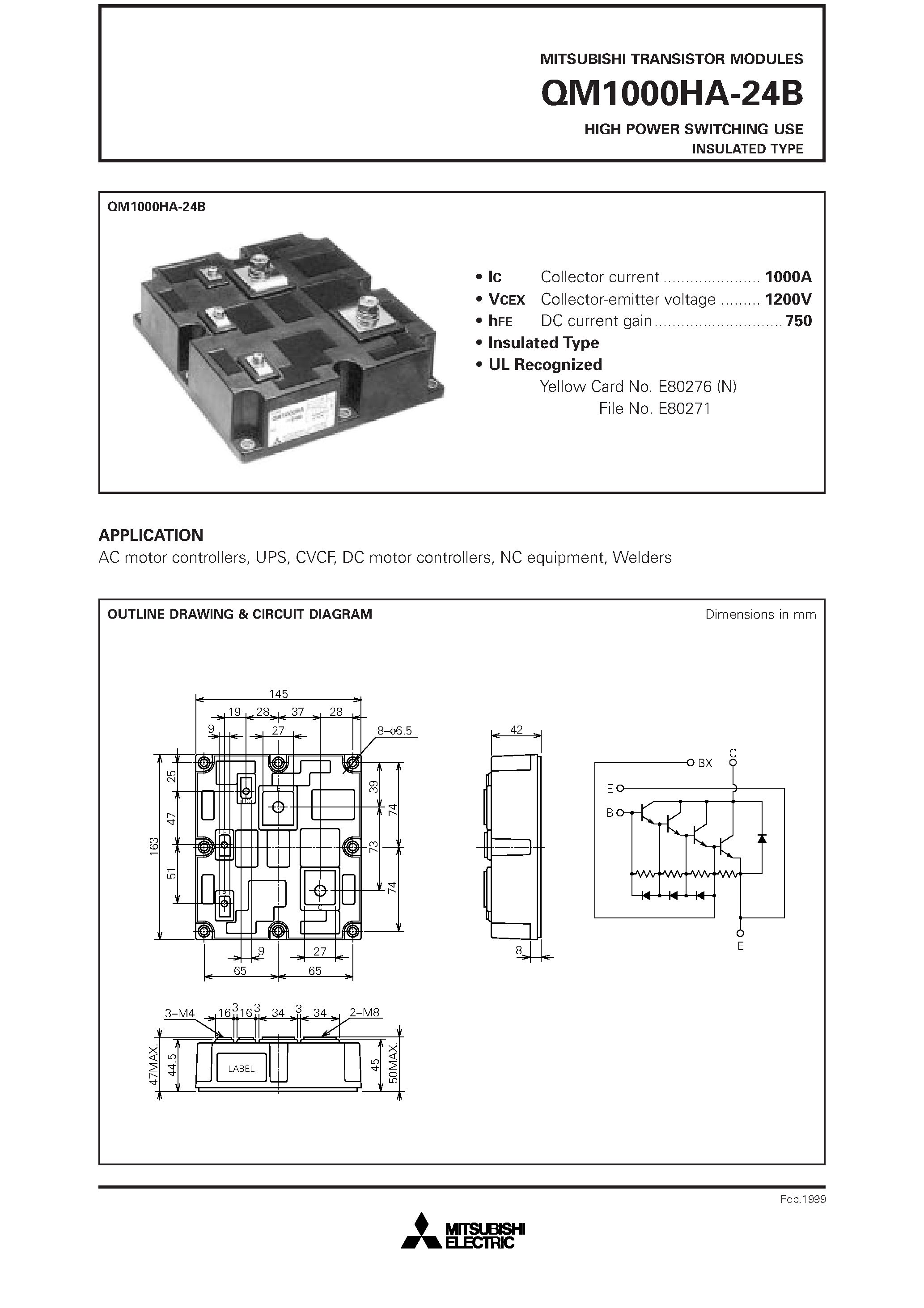 Datasheet QM1000HA-24B page 1 Datasheet QM1000HA-24B - HIGH POWER SWITCHING USE INSULATED TYPE page 1