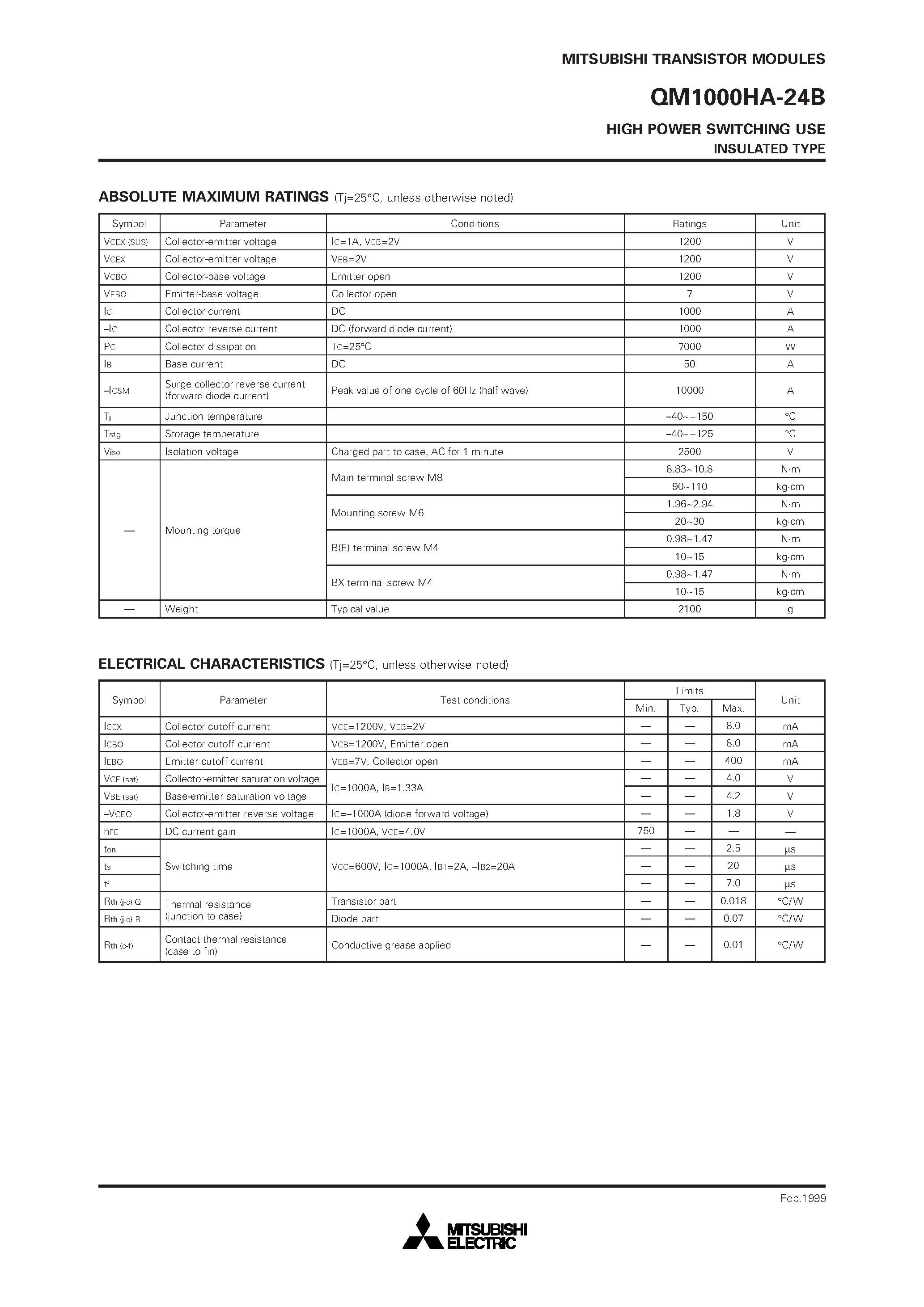 Datasheet QM1000HA-24B page 2 Datasheet QM1000HA-24B - HIGH POWER SWITCHING USE INSULATED TYPE page 2