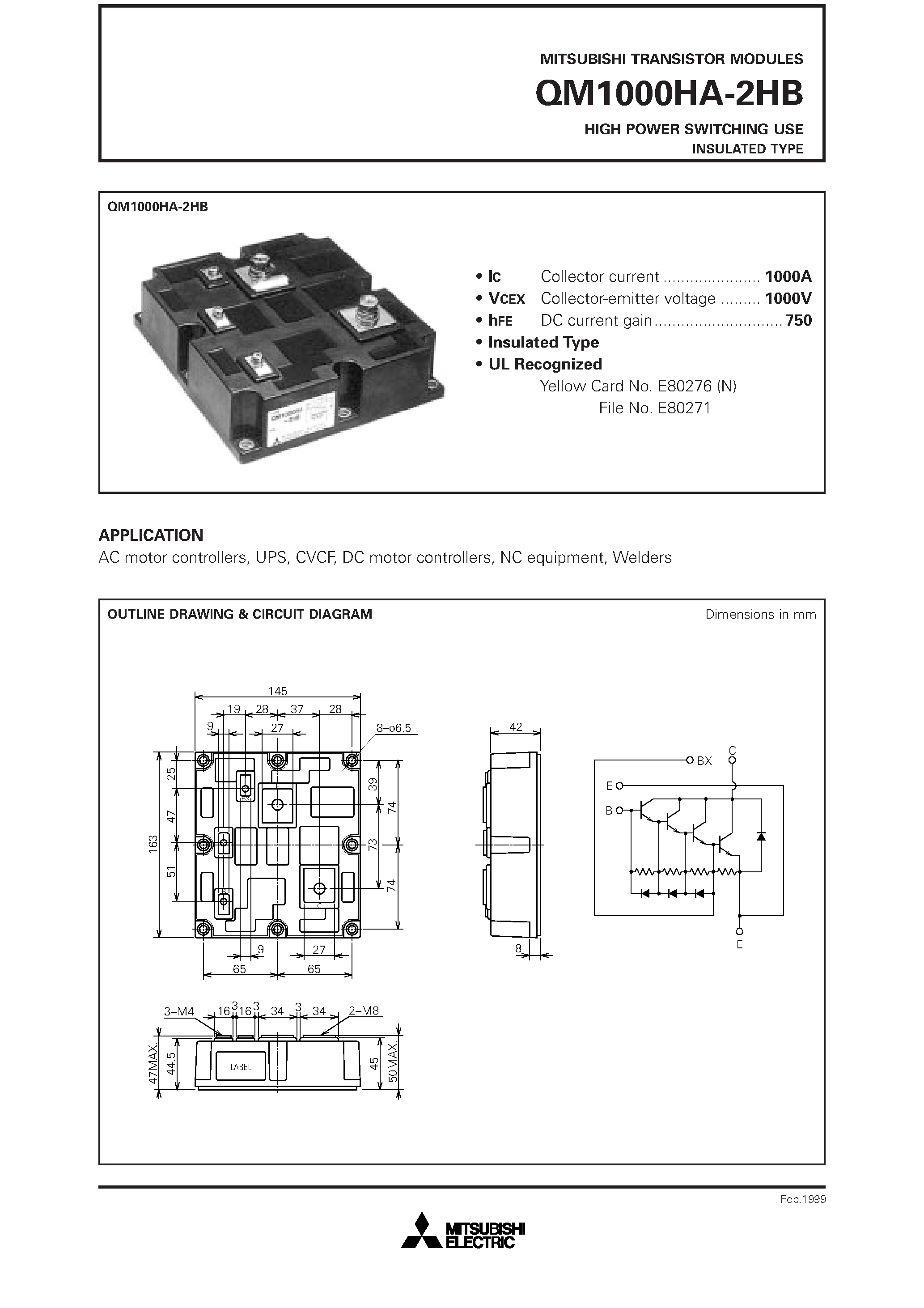 Datasheet QM1000HA-2HB page 1 Datasheet QM1000HA-2HB - HIGH POWER SWITCHING USE INSULATED TYPE page 1