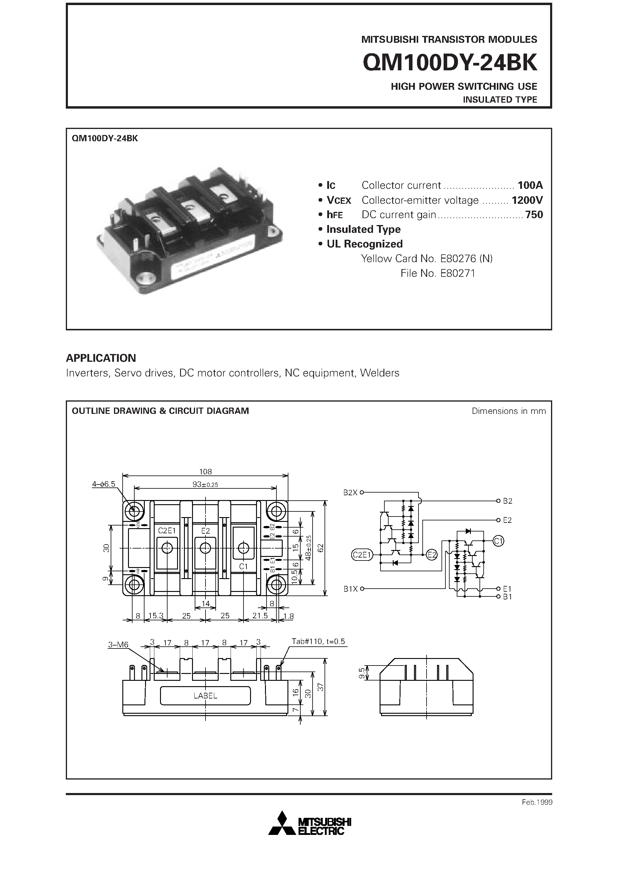 Datasheet QM100DY-24BK page 1 Datasheet QM100DY-24BK - HIGH POWER SWITCHING USE INSULATED TYPE page 1