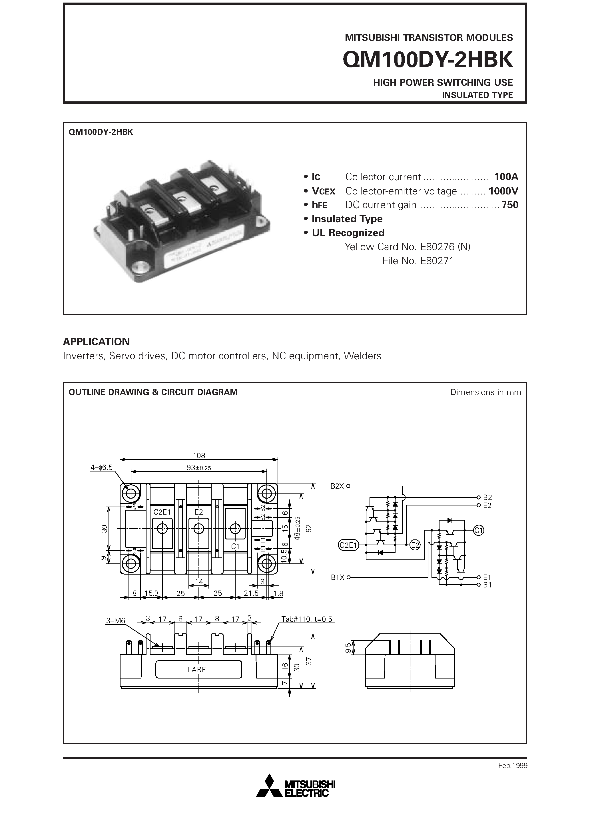 Datasheet QM100DY-2HBK page 1 Datasheet QM100DY-2HBK - HIGH POWER SWITCHING USE INSULATED TYPE page 1