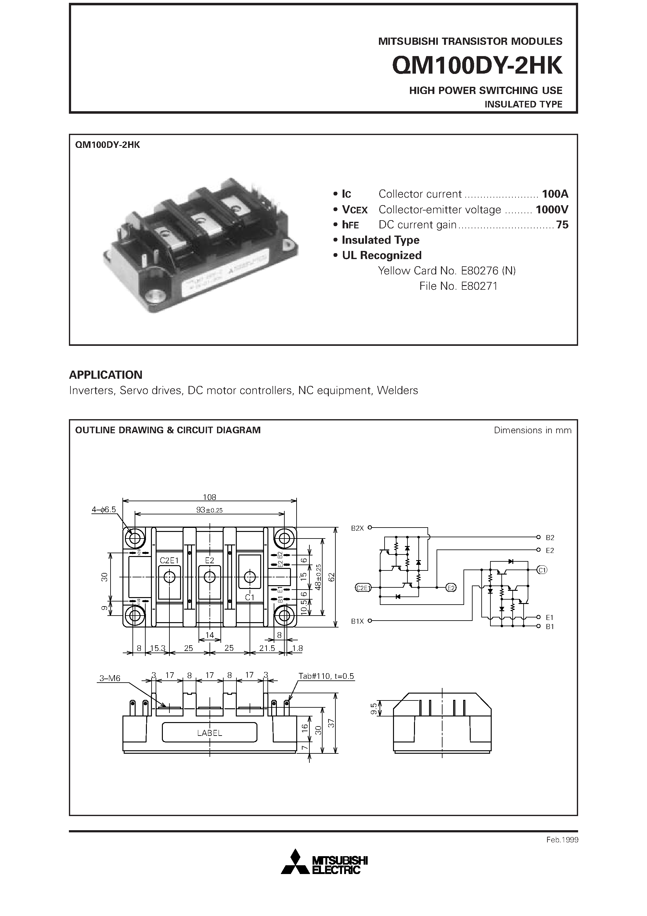 Datasheet QM100DY-2HK page 1 Datasheet QM100DY-2HK - HIGH POWER SWITCHING USE INSULATED TYPE page 1