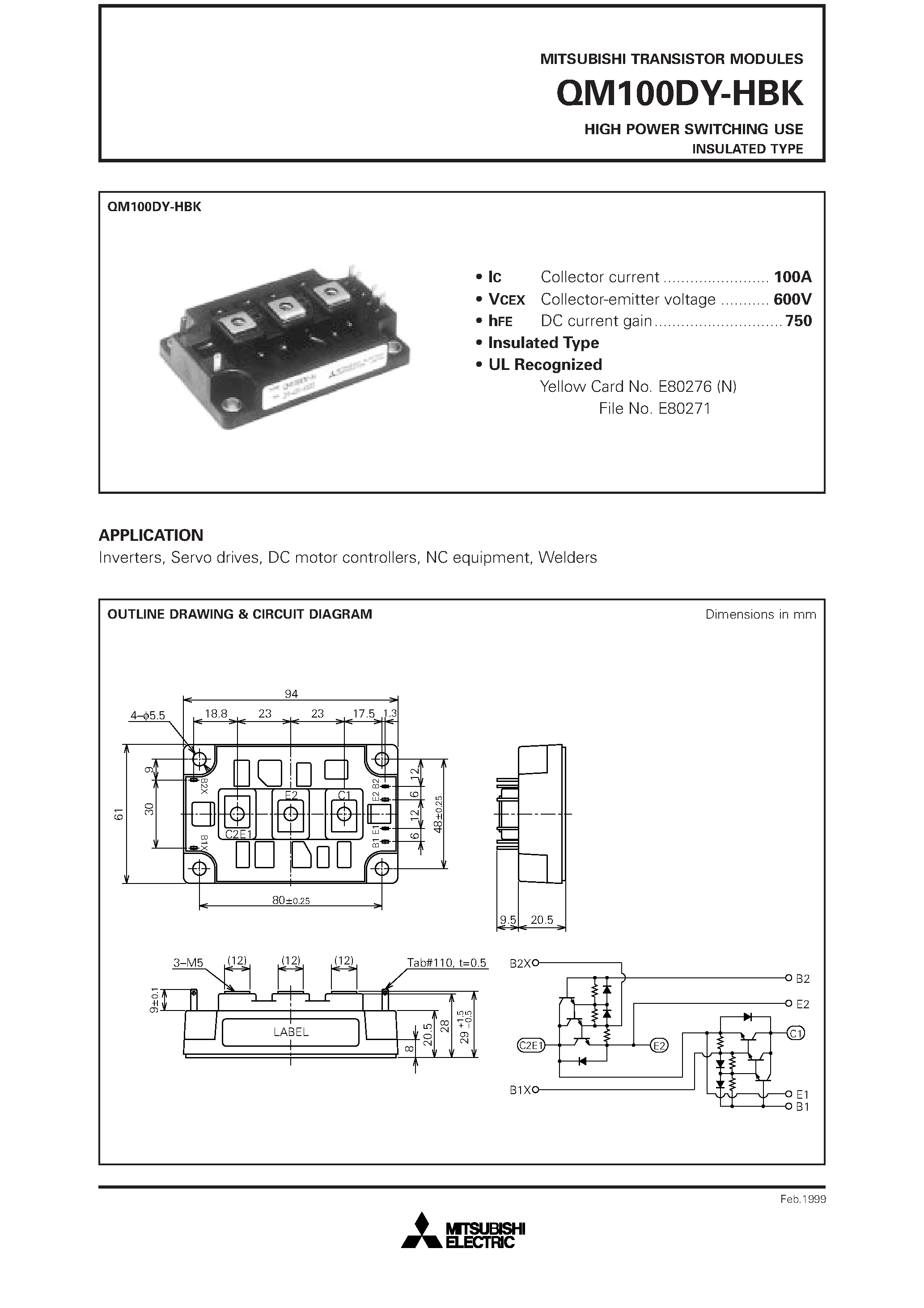 Datasheet QM100DY-HBK page 1 Datasheet QM100DY-HBK - HIGH POWER SWITCHING USE INSULATED TYPE page 1