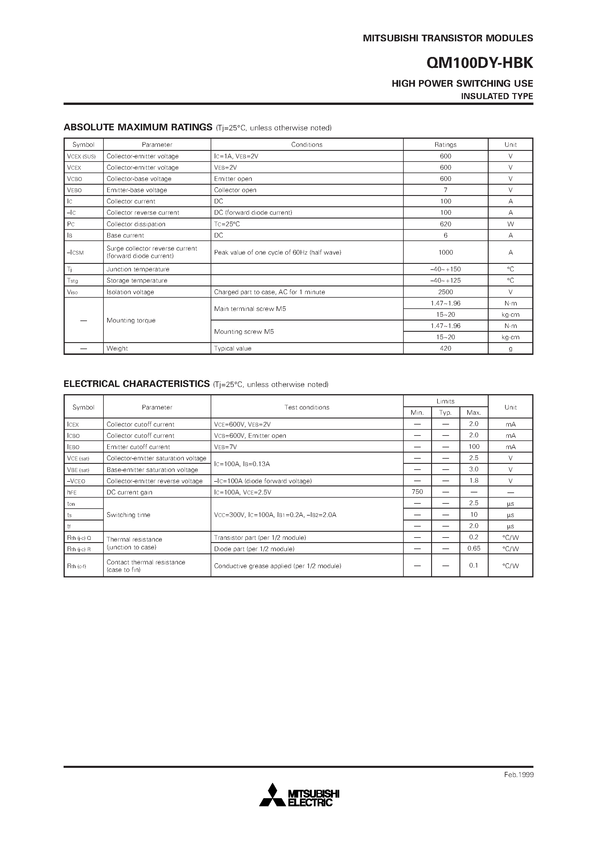 Datasheet QM100DY-HBK page 2 Datasheet QM100DY-HBK - HIGH POWER SWITCHING USE INSULATED TYPE page 2