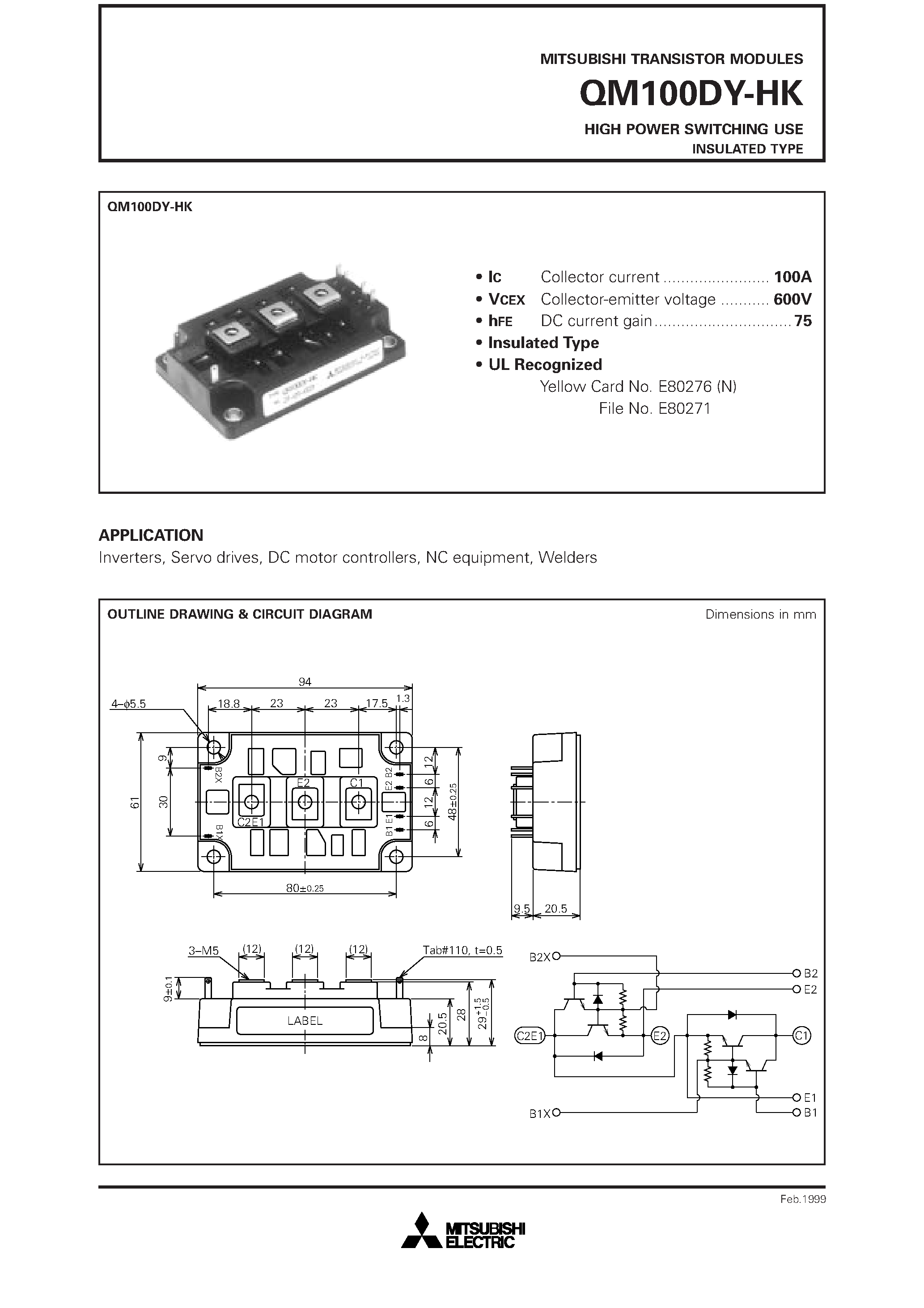 Datasheet QM100DY-HK page 1 Datasheet QM100DY-HK - HIGH POWER SWITCHING USE INSULATED TYPE page 1