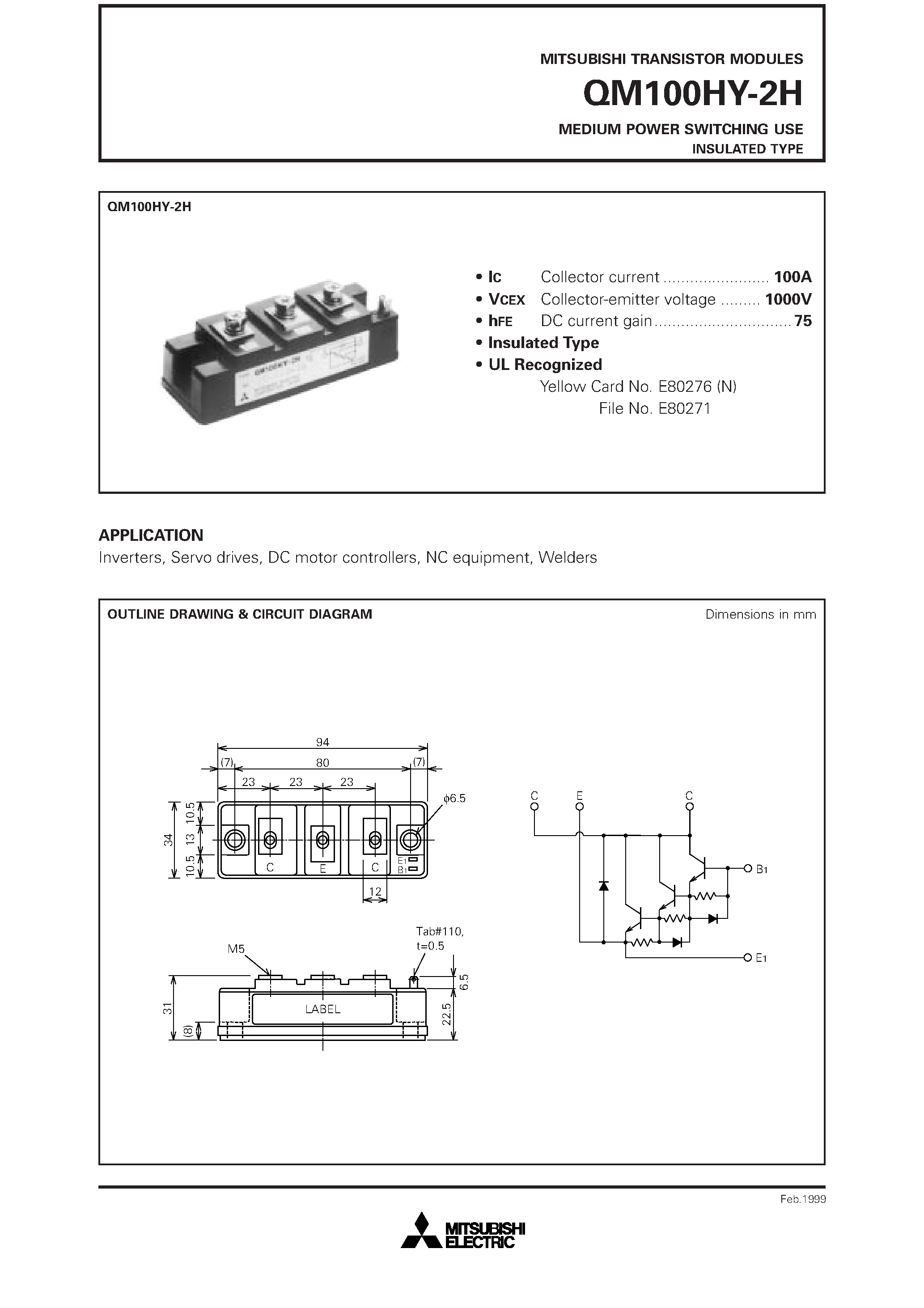 Datasheet QM100HY-2H page 1 Datasheet QM100HY-2H - MEDIUM POWER SWITCHING USE INSULATED TYPE page 1