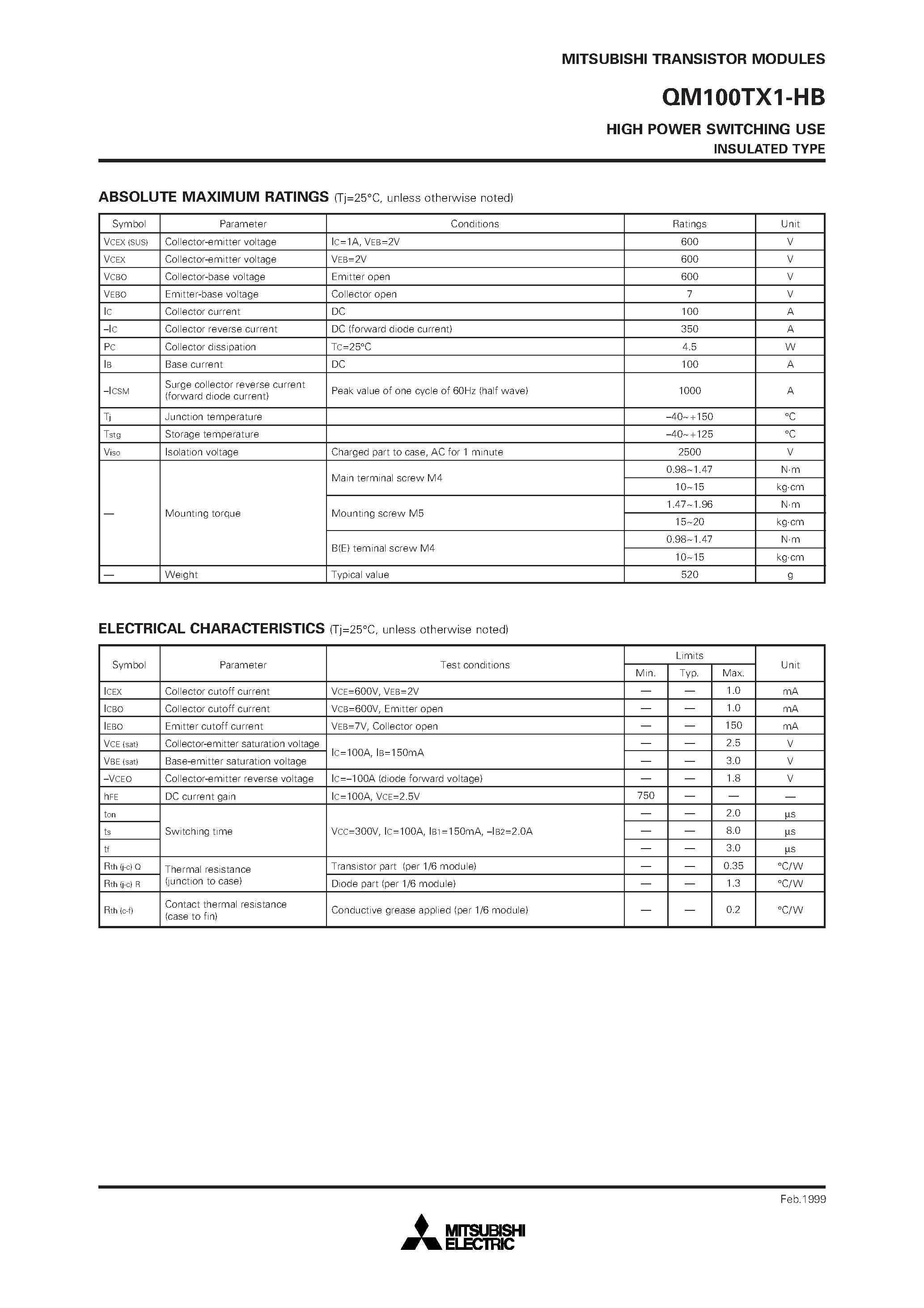 Datasheet QM100TX1-HB page 2 Datasheet QM100TX1-HB - HIGH POWER SWITCHING USE INSULATED TYPE page 2