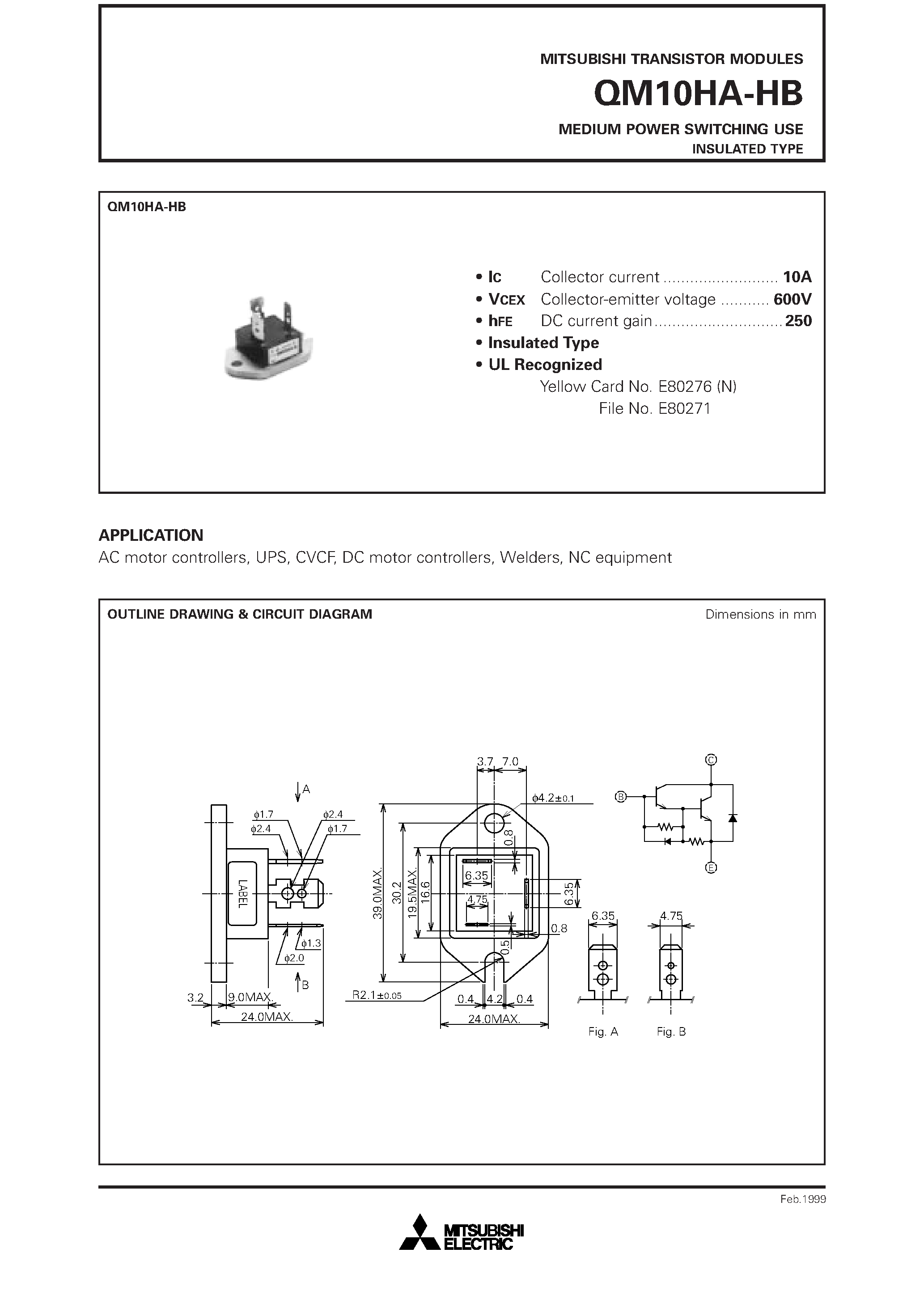 Datasheet QM10HA-HB page 1 Datasheet QM10HA-HB - MEDIUM POWER SWITCHING USE INSULATED TYPE page 1