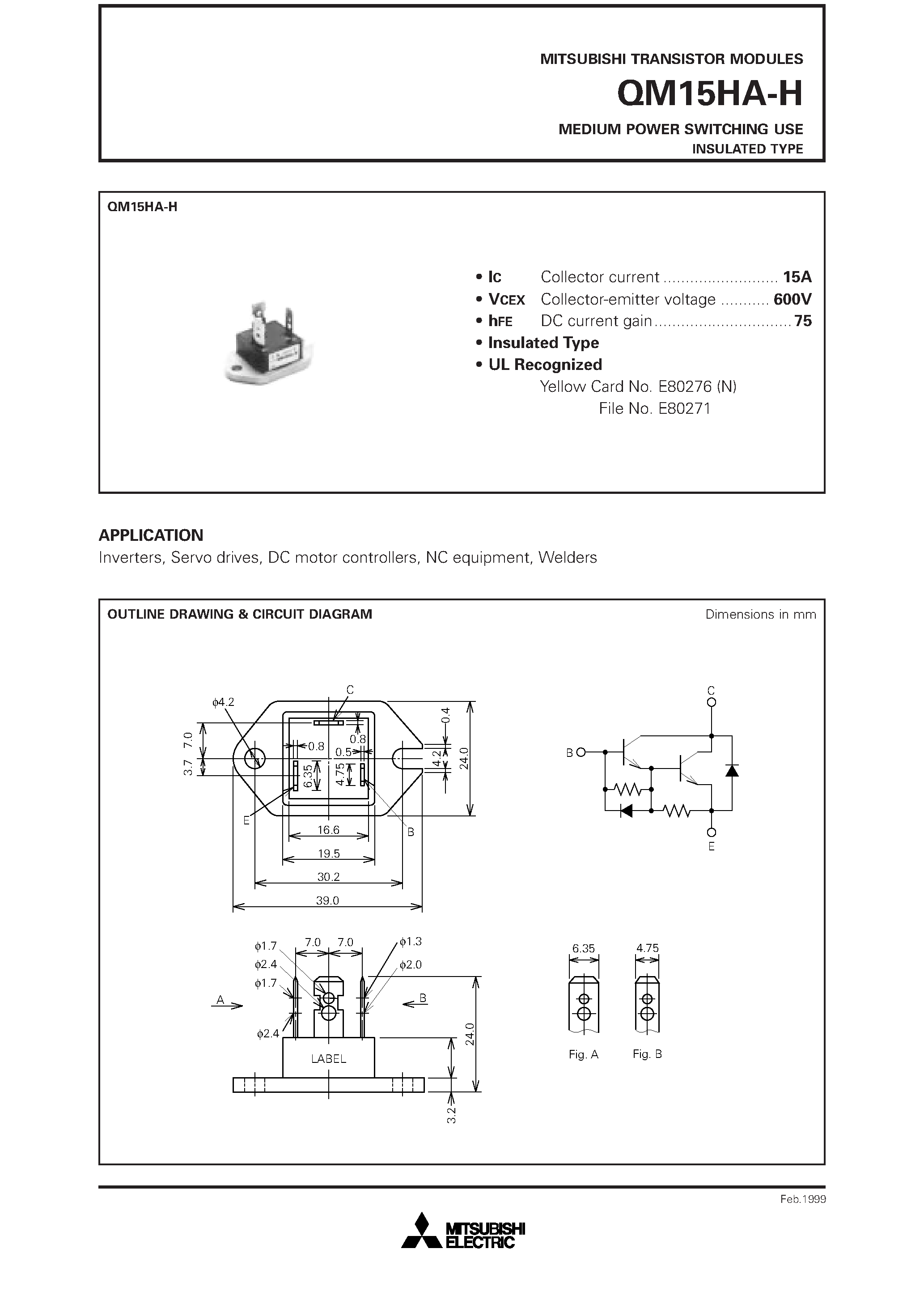 Datasheet QM15 page 1 Datasheet QM15 - MEDIUM POWER SWITCHING USE INSULATED TYPE page 1