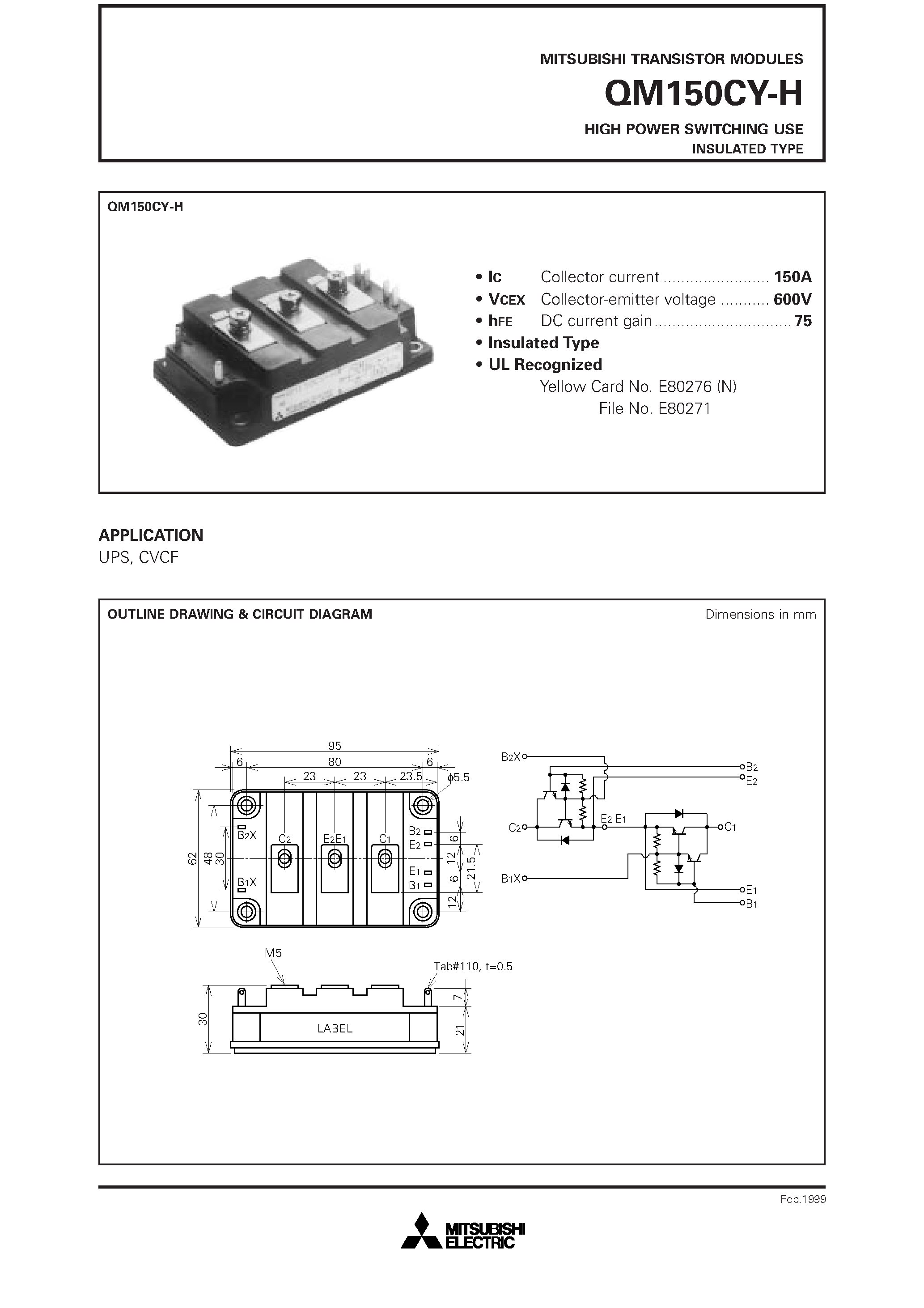 Datasheet QM150 page 1 Datasheet QM150 - HIGH POWER SWITCHING USE INSULATED TYPE page 1