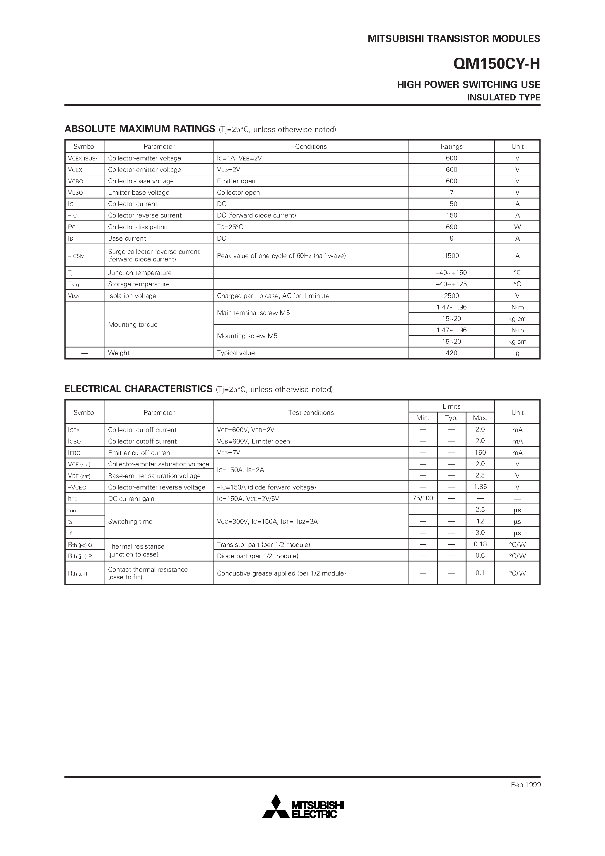 Datasheet QM150 page 2 Datasheet QM150 - HIGH POWER SWITCHING USE INSULATED TYPE page 2
