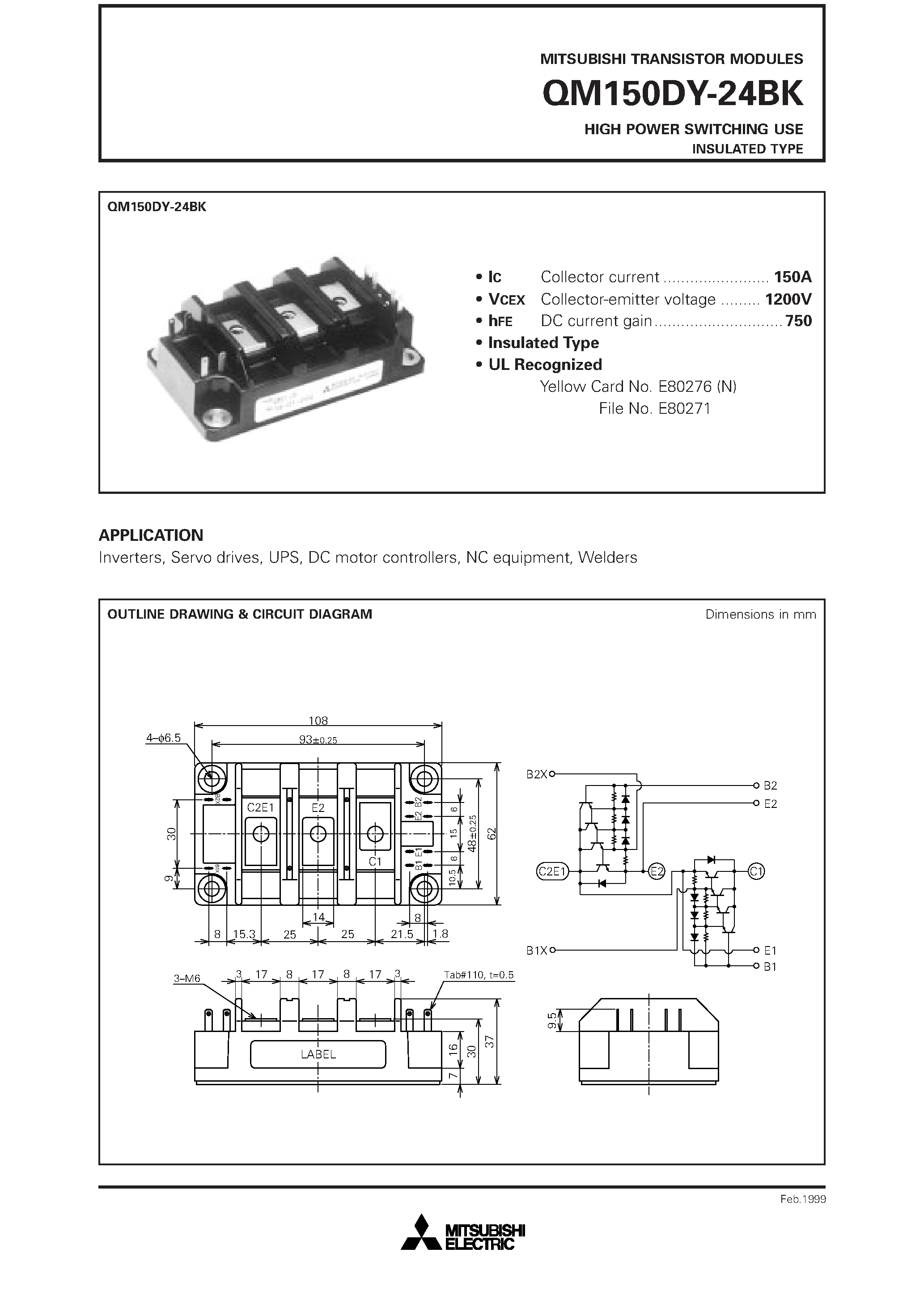 Datasheet QM150DY-24BK page 1 Datasheet QM150DY-24BK - HIGH POWER SWITCHING USE INSULATED TYPE page 1