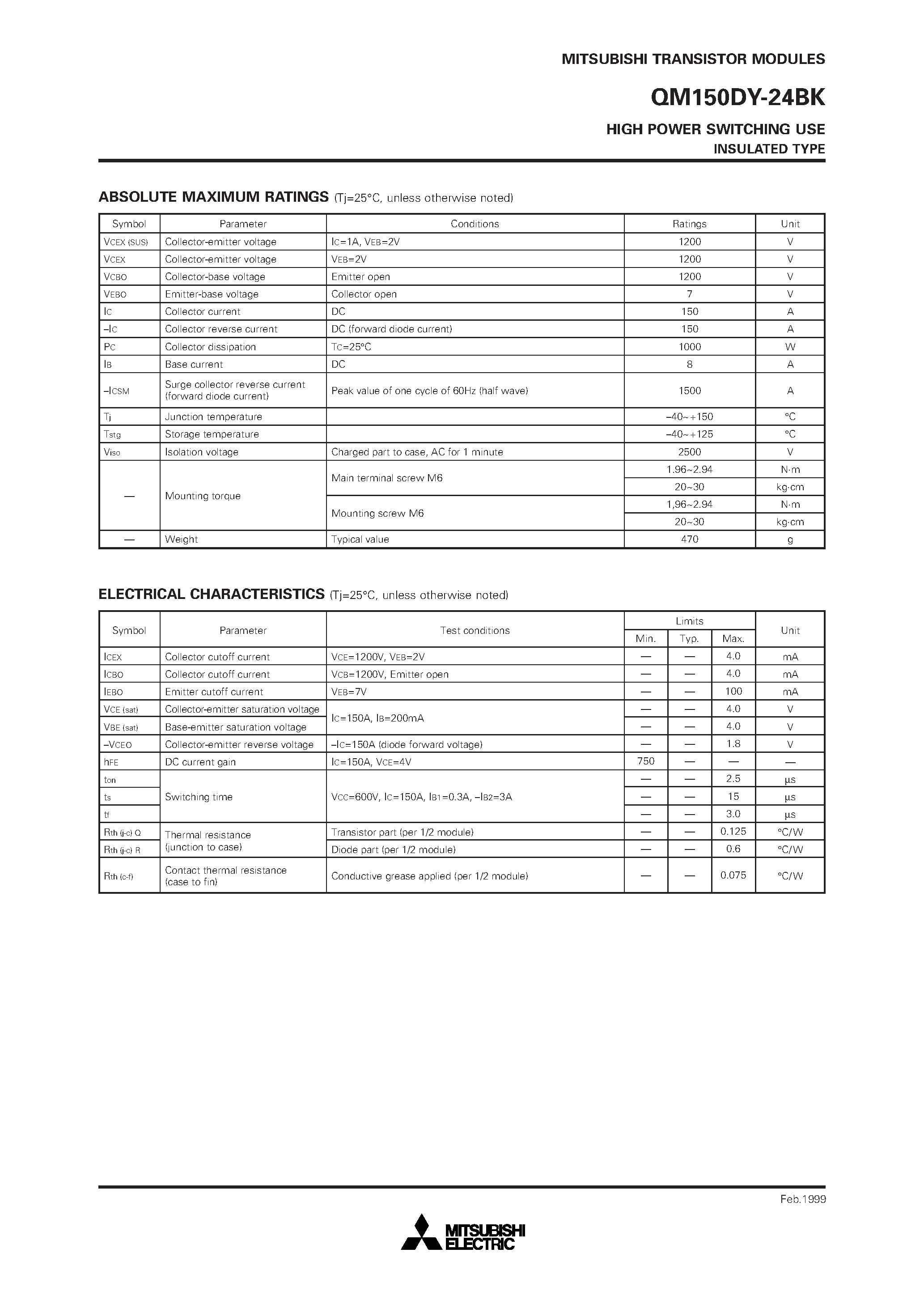 Datasheet QM150DY-24BK page 2 Datasheet QM150DY-24BK - HIGH POWER SWITCHING USE INSULATED TYPE page 2