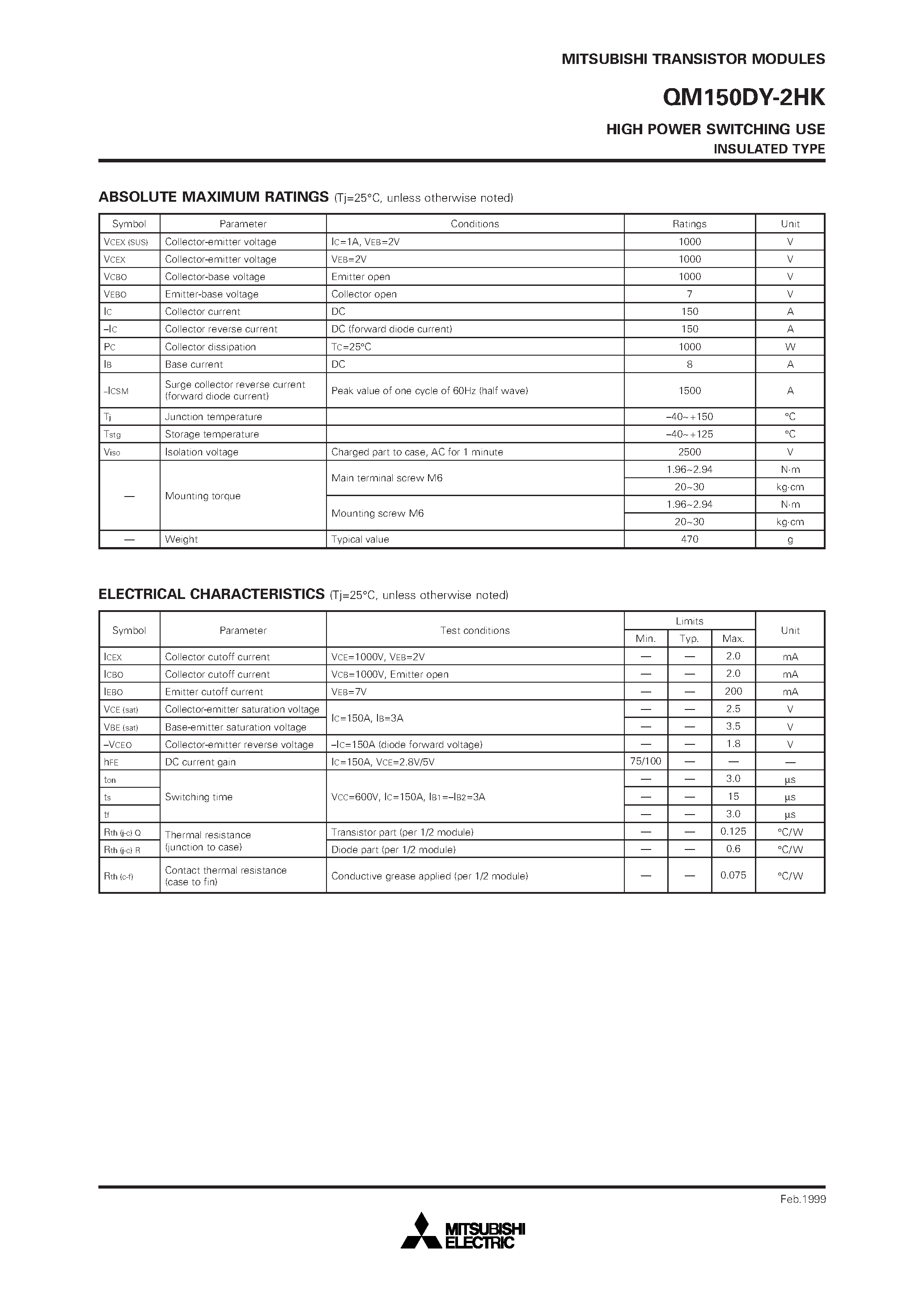 Datasheet QM150DY-2HK - HIGH POWER SWITCHING USE INSULATED TYPE page 2