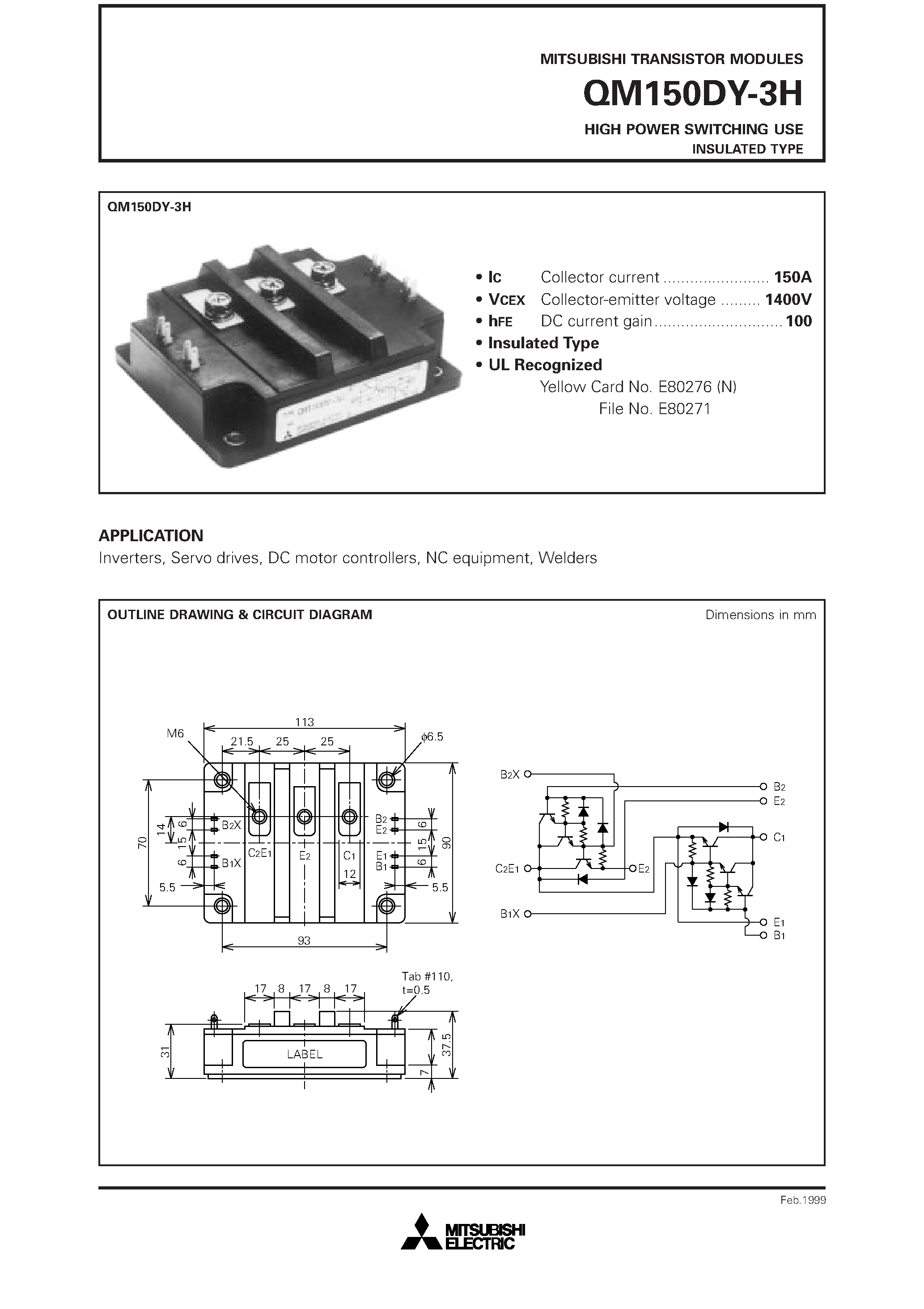 Datasheet QM150DY-3H - HIGH POWER SWITCHING USE INSULATED TYPE page 1