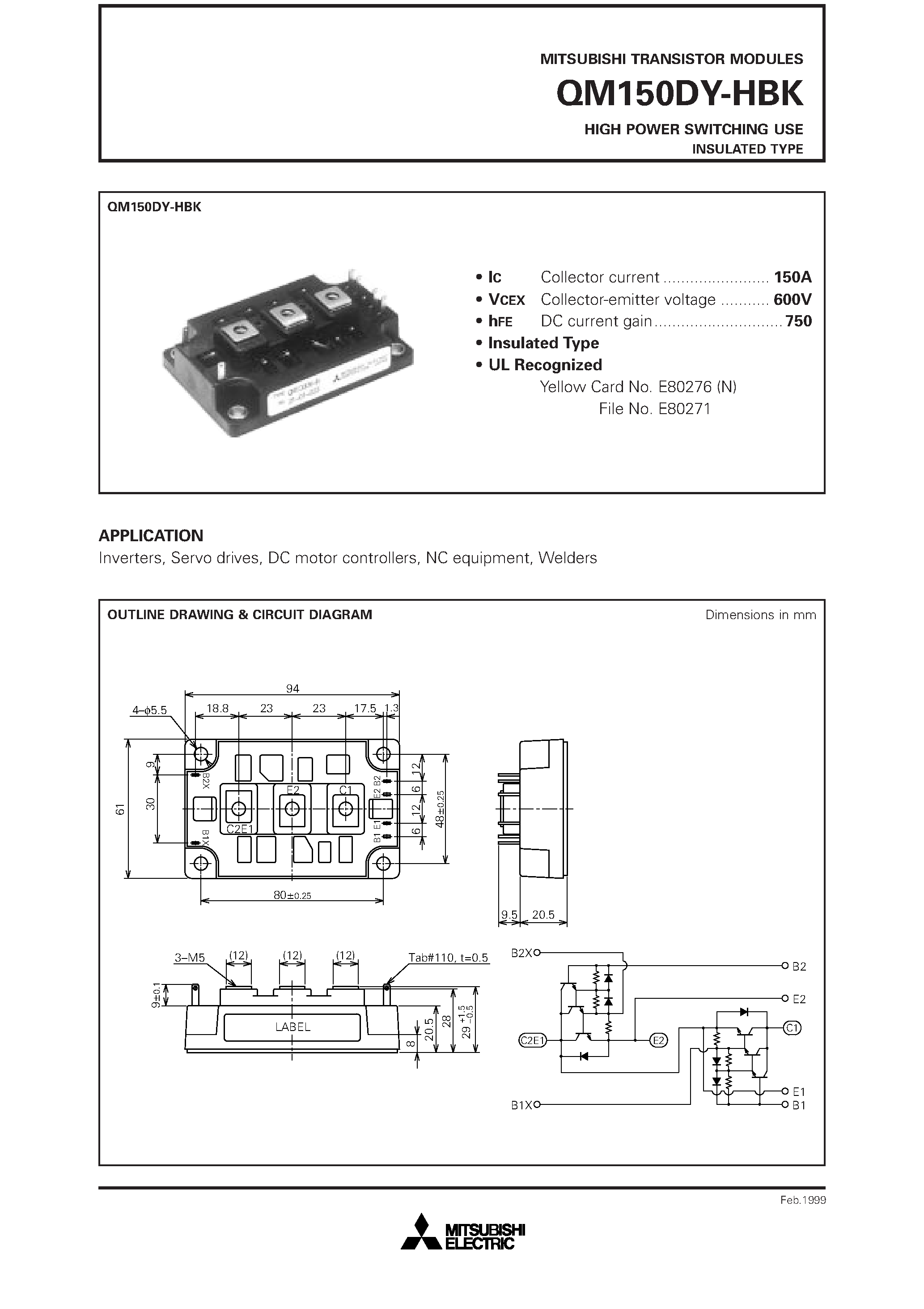 Datasheet QM150DY-HBK - HIGH POWER SWITCHING USE INSULATED TYPE page 1
