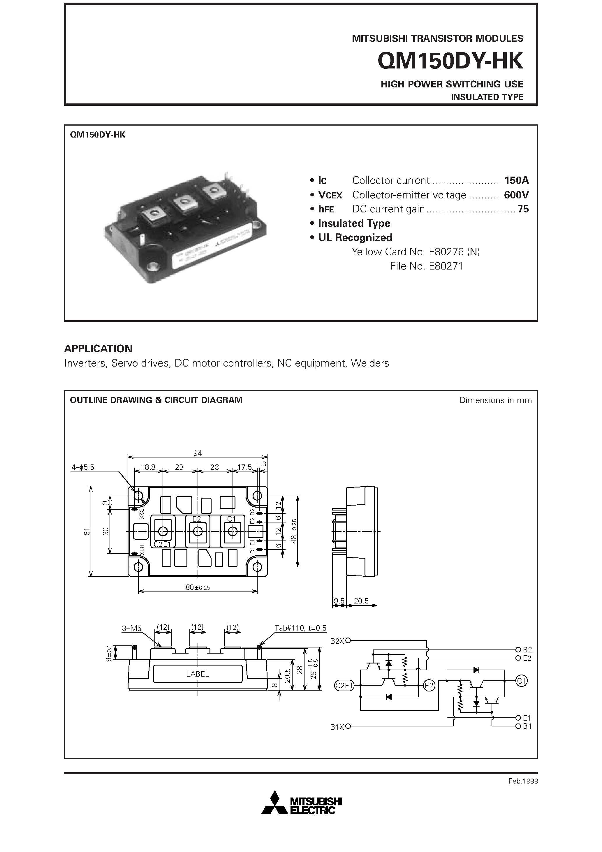 Datasheet QM150DY-HK - HIGH POWER SWITCHING USE INSULATED TYPE page 1