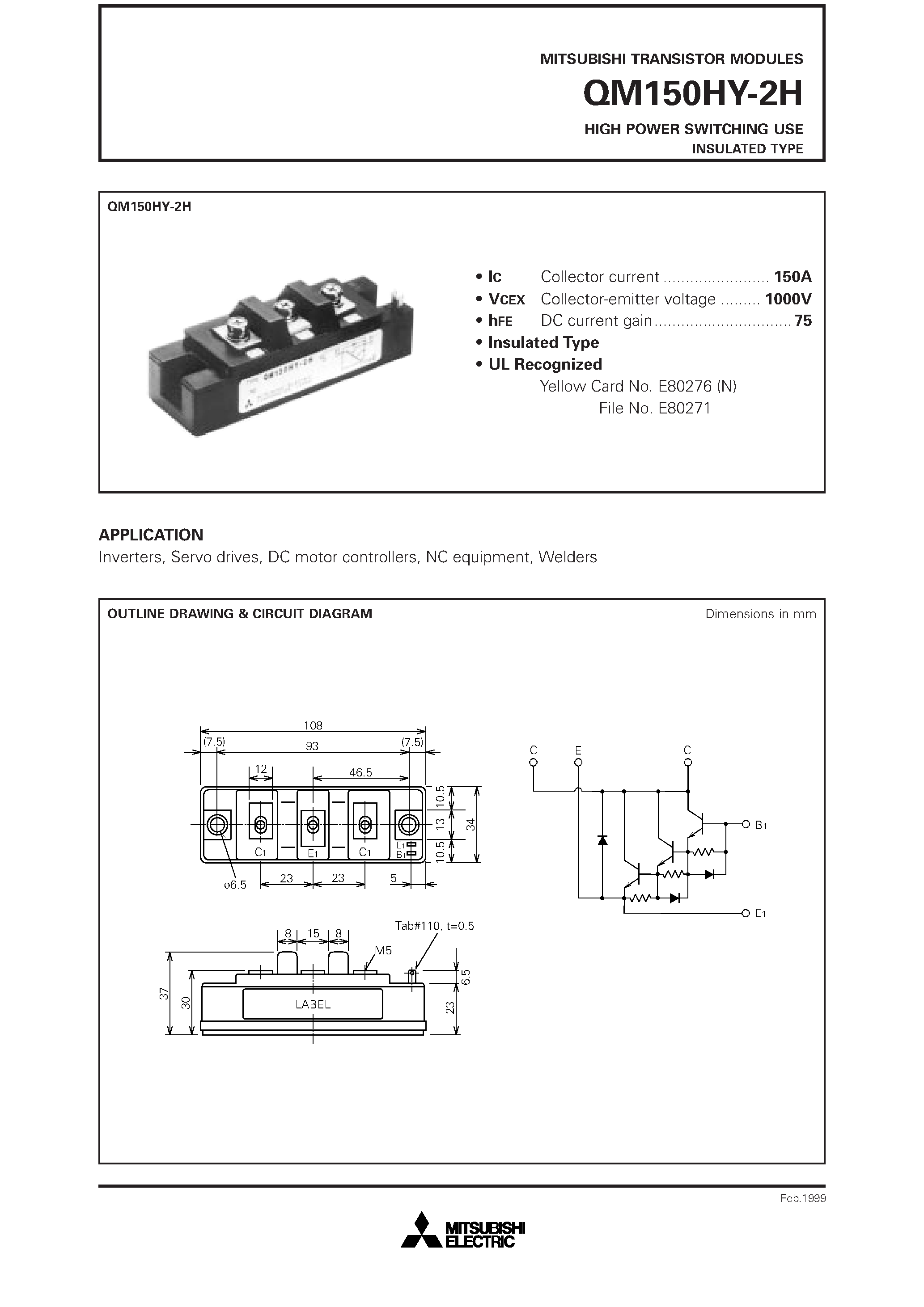 Datasheet QM150HY-2H - HIGH POWER SWITCHING USE INSULATED TYPE page 1
