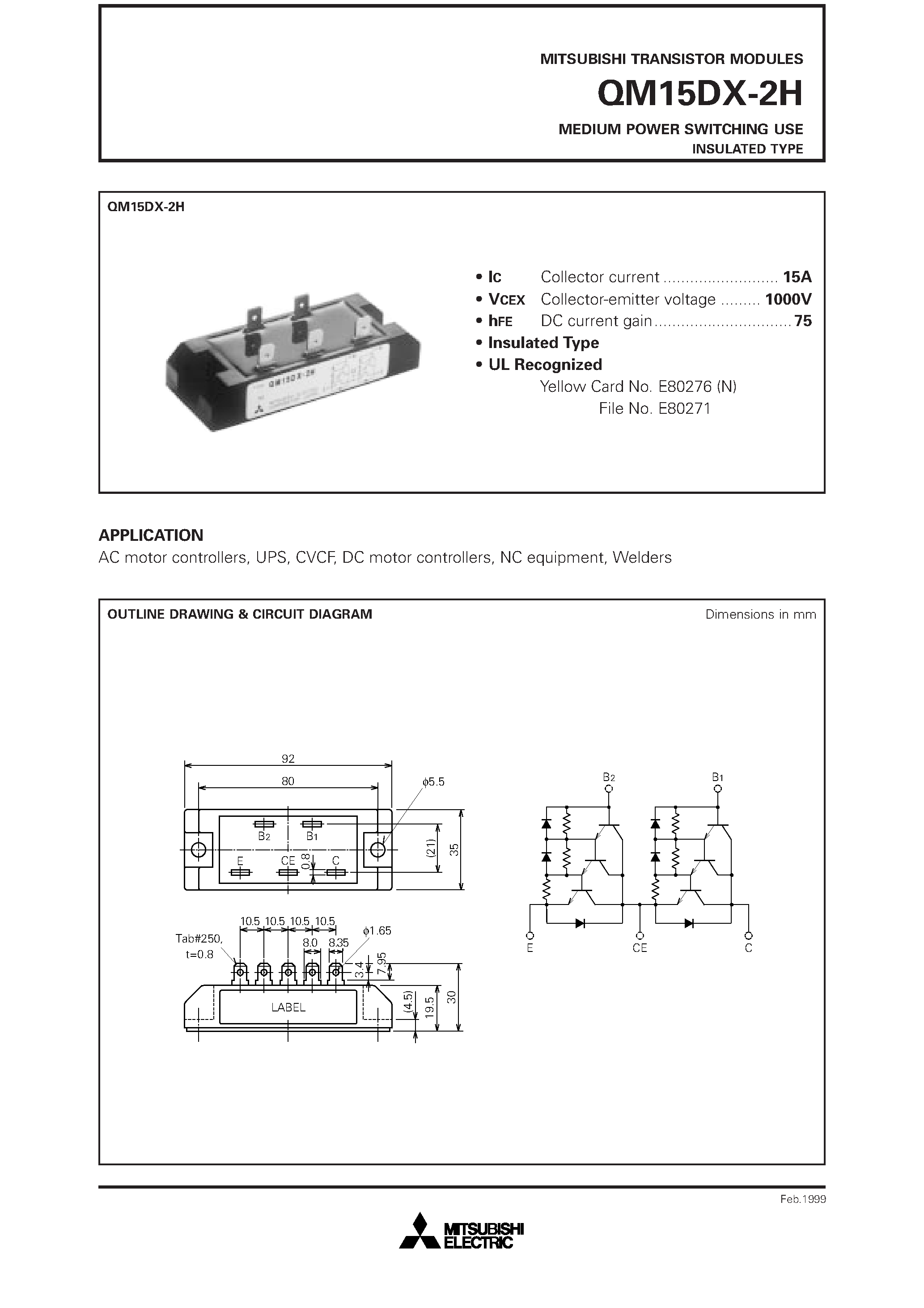 Datasheet QM15DX-2H page 1 Datasheet QM15DX-2H - MEDIUM POWER SWITCHING USE INSULATED TYPE page 1
