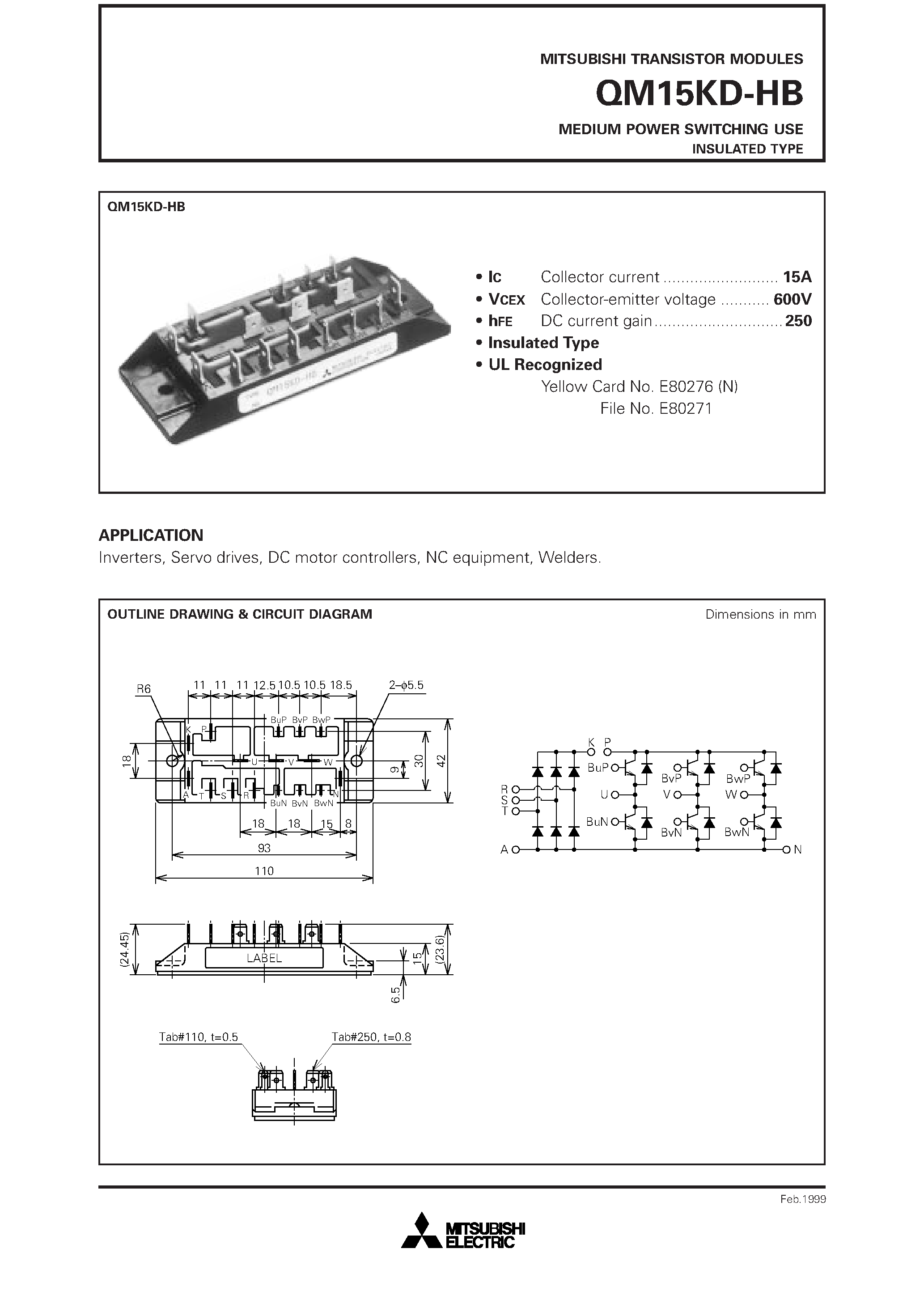 Datasheet QM15KD-HB page 1 Datasheet QM15KD-HB - MEDIUM POWER SWITCHING USE INSULATED TYPE page 1