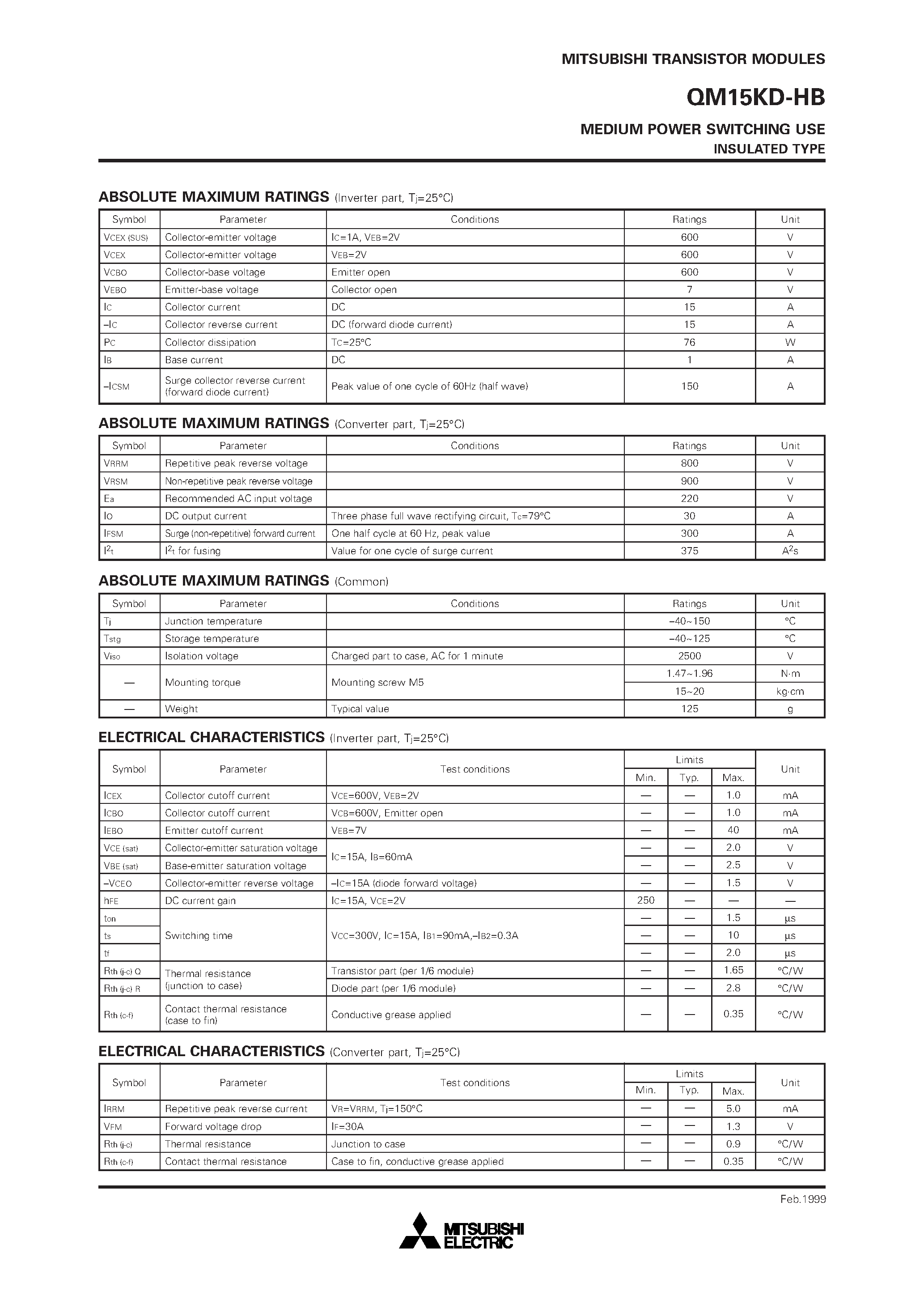 Datasheet QM15KD-HB page 2 Datasheet QM15KD-HB - MEDIUM POWER SWITCHING USE INSULATED TYPE page 2