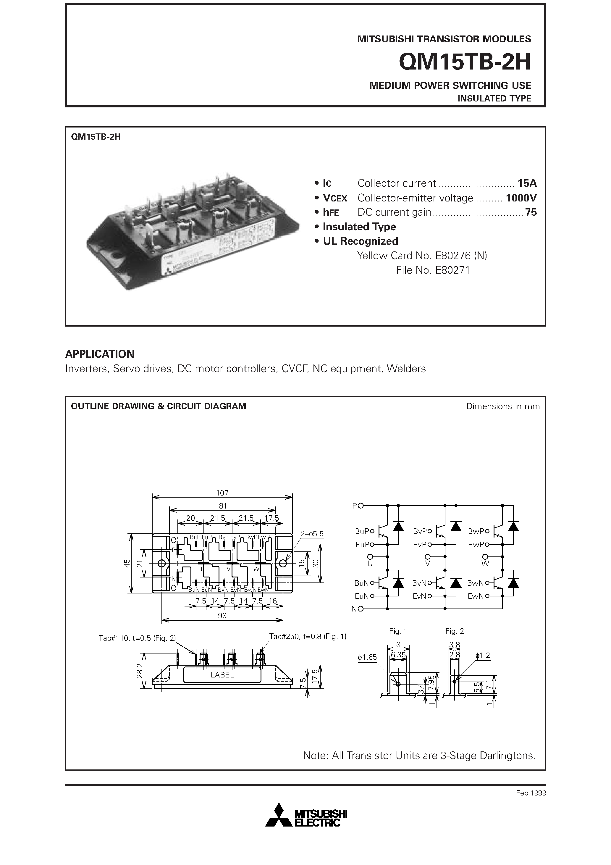 Datasheet QM15TB-2H - MEDIUM POWER SWITCHING USE INSULATED TYPE page 1