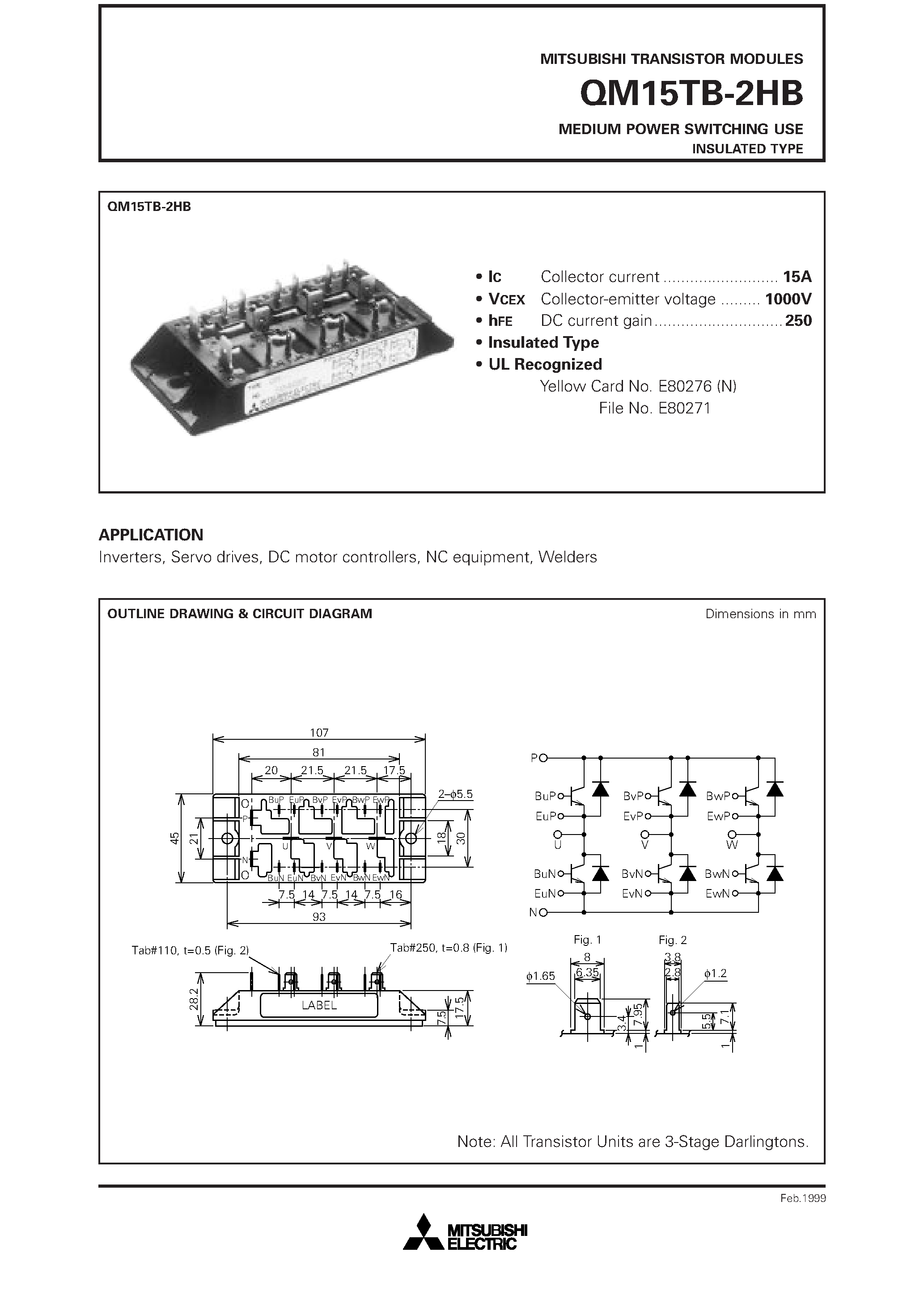 Datasheet QM15TB-2HB - MEDIUM POWER SWITCHING USE INSULATED TYPE page 1