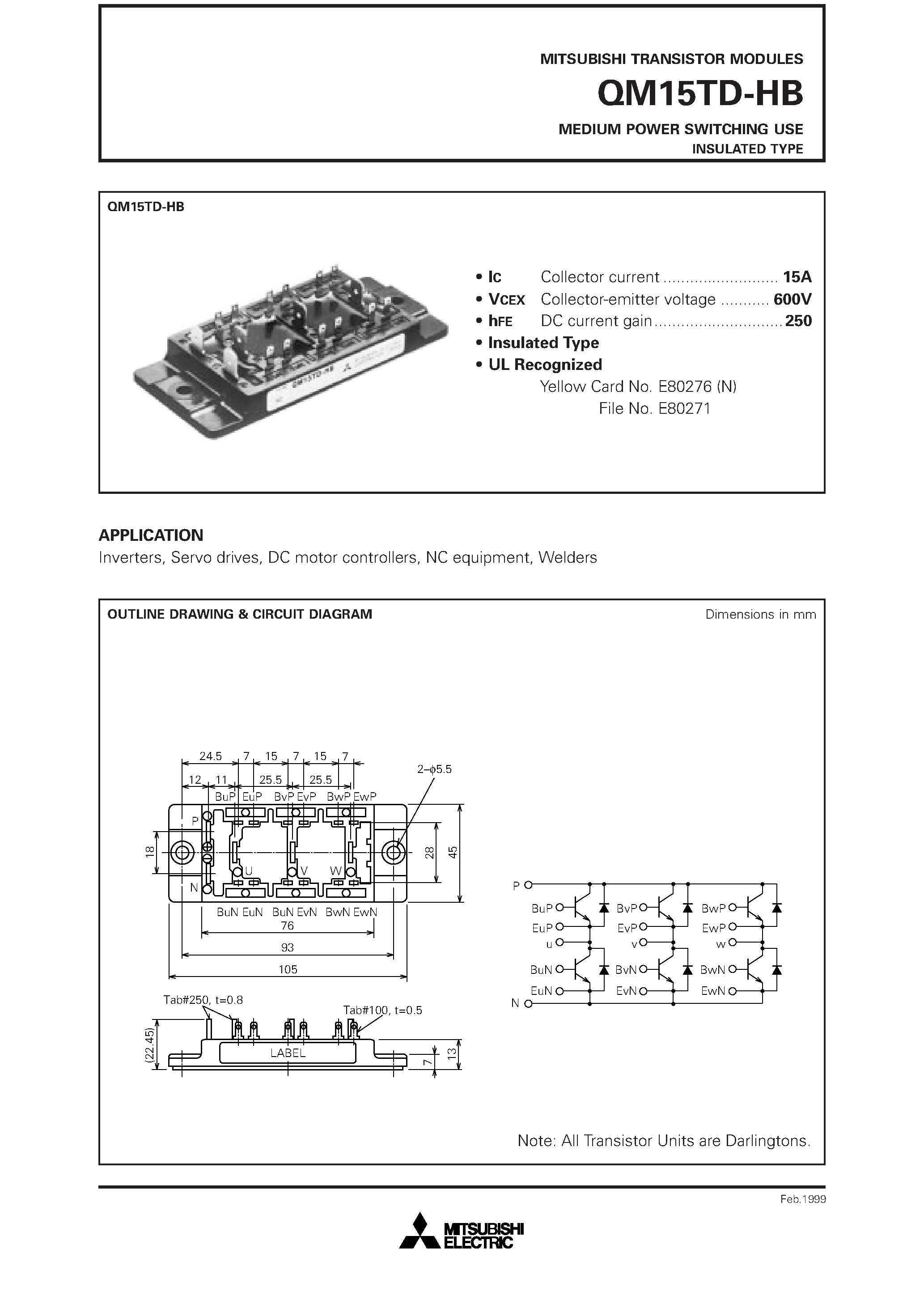 Datasheet QM15TD-HB - MEDIUM POWER SWITCHING USE INSULATED TYPE page 1