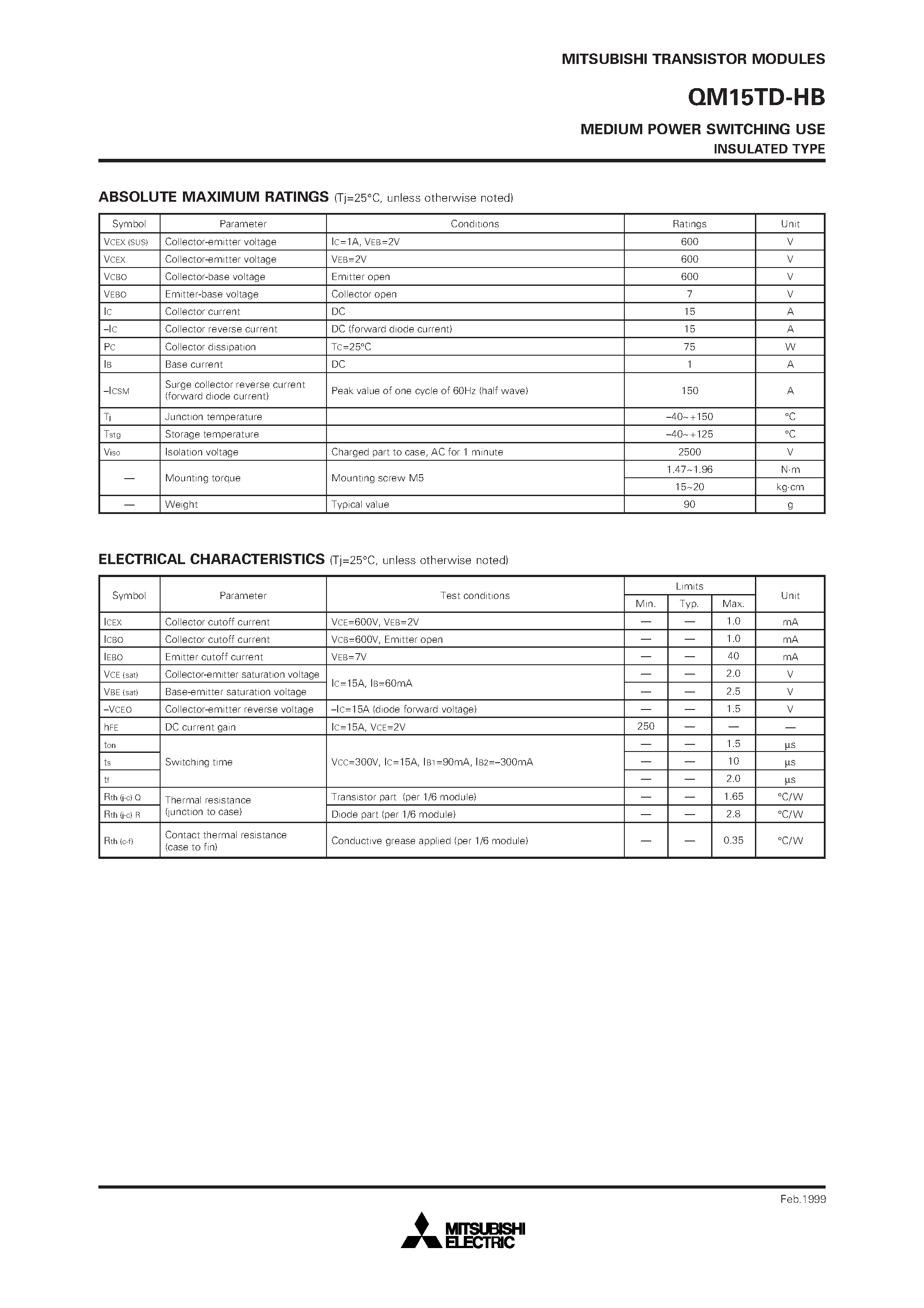 Datasheet QM15TD-HB - MEDIUM POWER SWITCHING USE INSULATED TYPE page 2