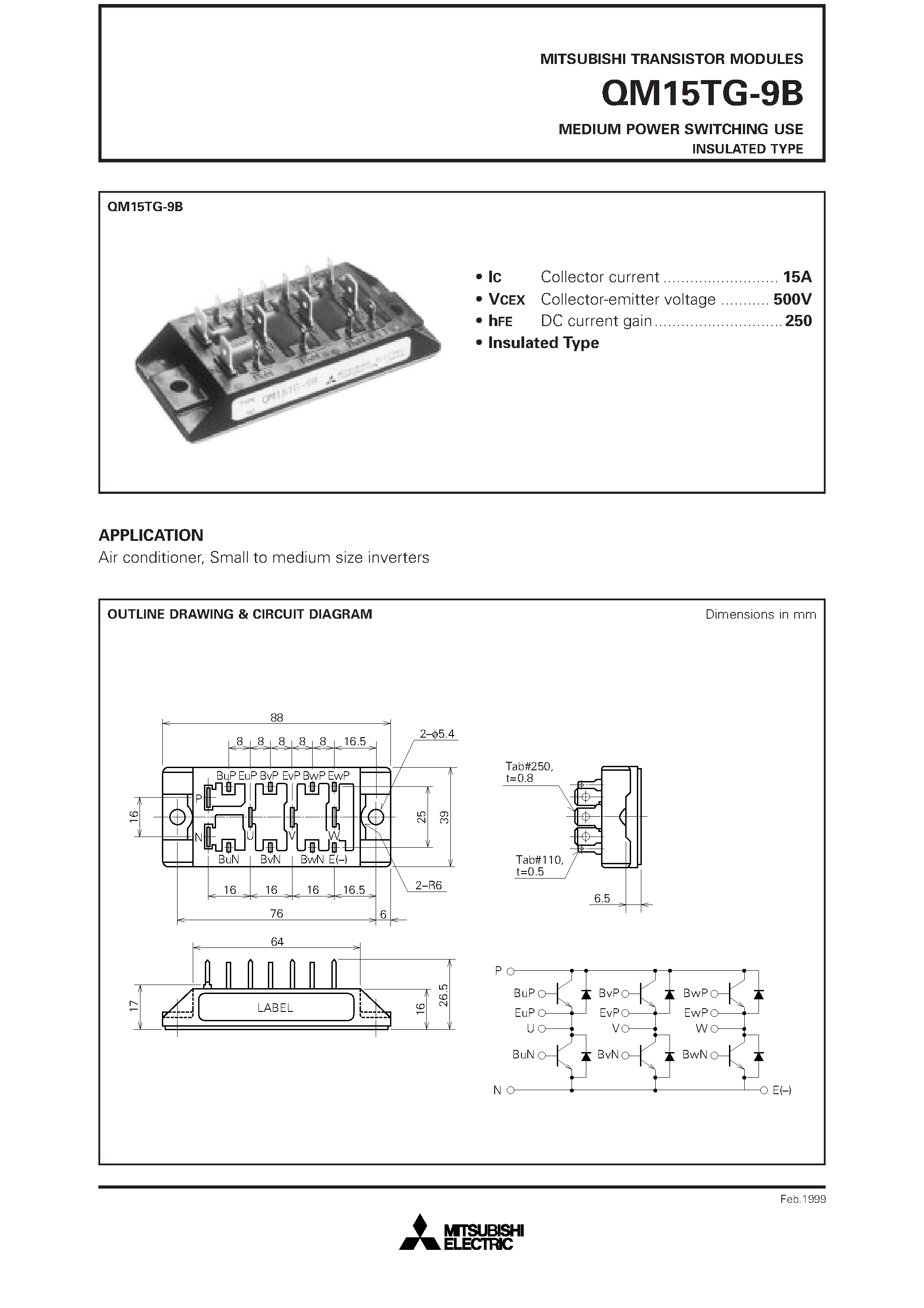 Datasheet QM15TG-9B - MEDIUM POWER SWITCHING USE INSULATED TYPE page 1