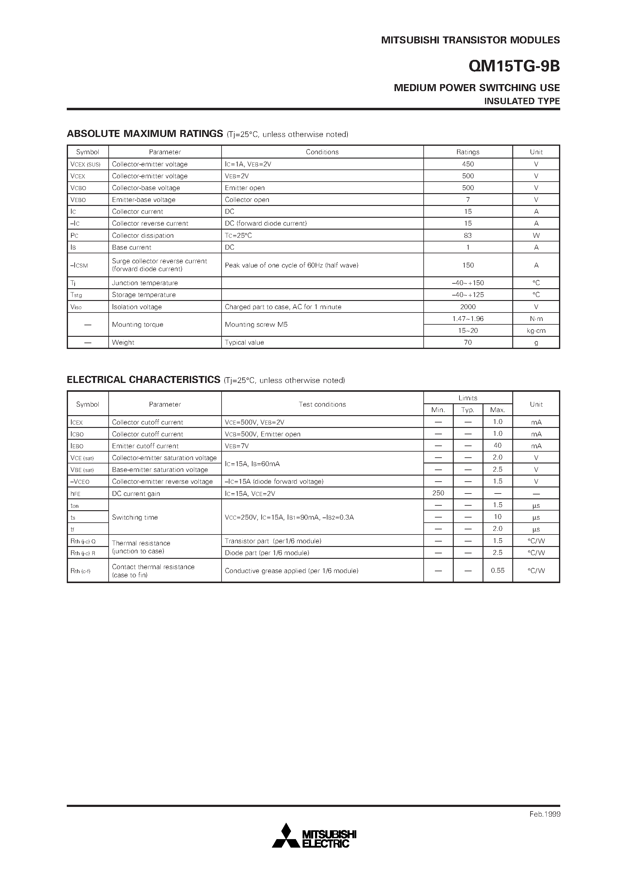 Datasheet QM15TG-9B - MEDIUM POWER SWITCHING USE INSULATED TYPE page 2