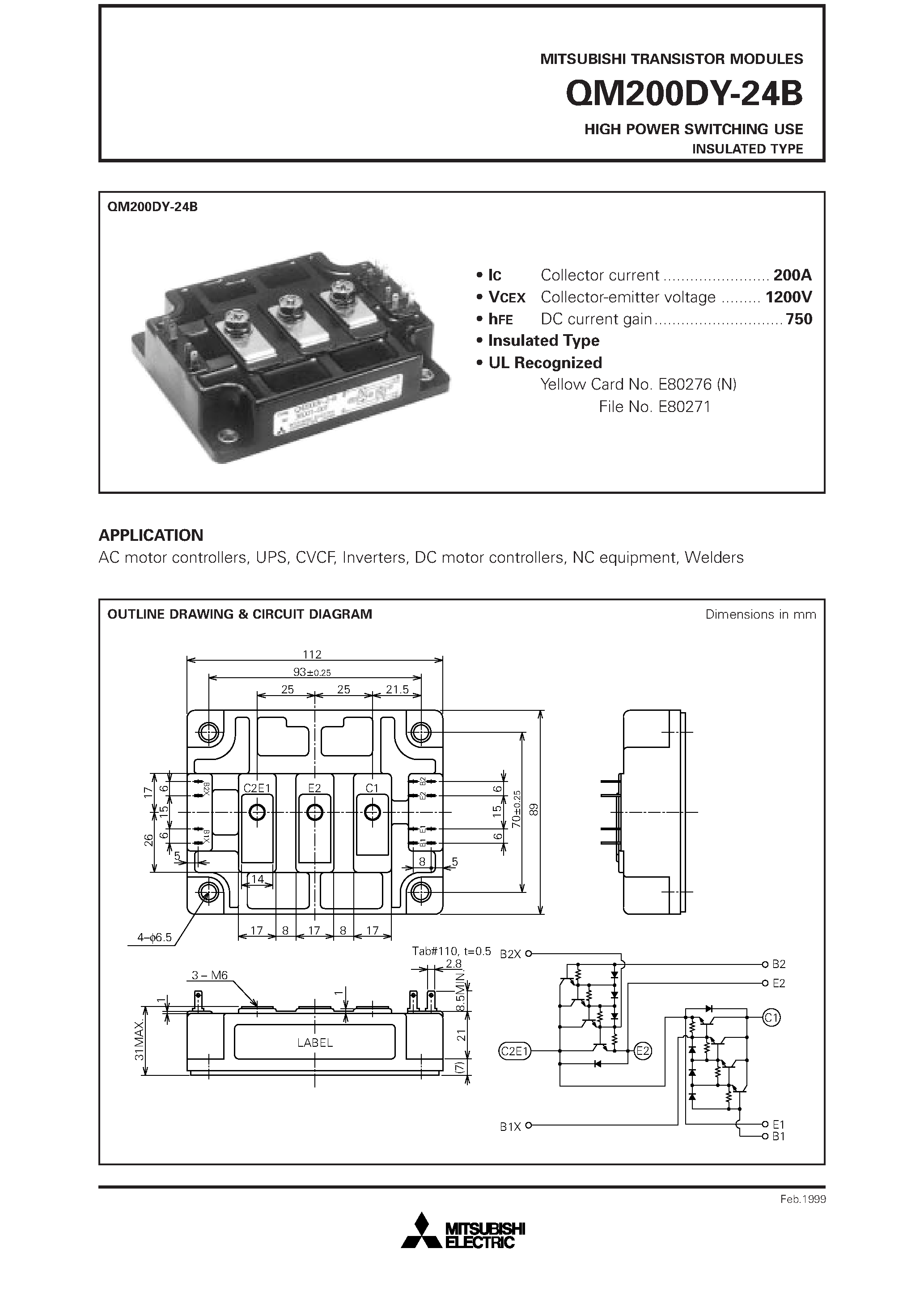 Datasheet QM200DY-24B page 1 Datasheet QM200DY-24B - HIGH POWER SWITCHING USE INSULATED TYPE page 1