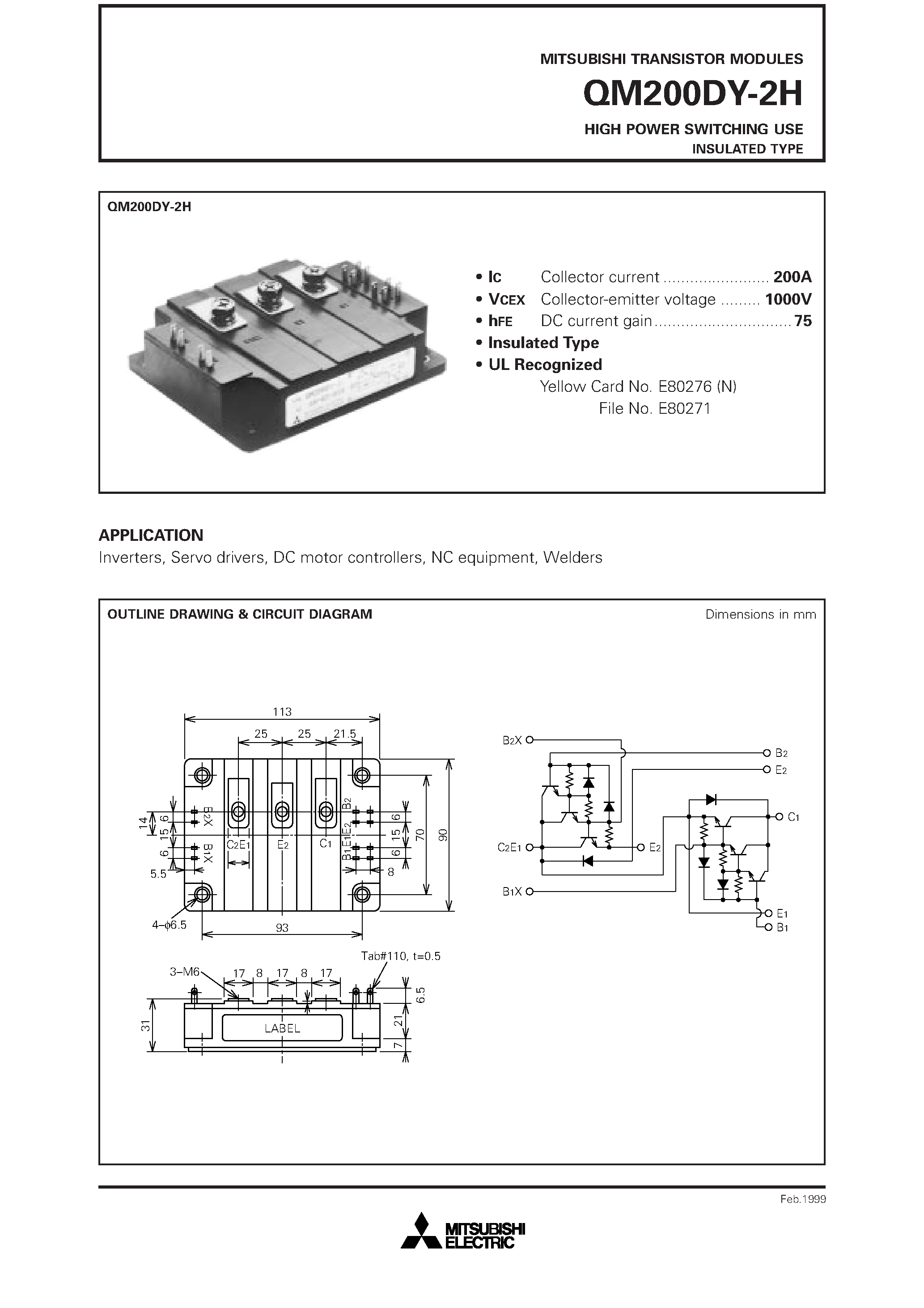 Datasheet QM200DY-2H - HIGH POWER SWITCHING USE INSULATED TYPE page 1
