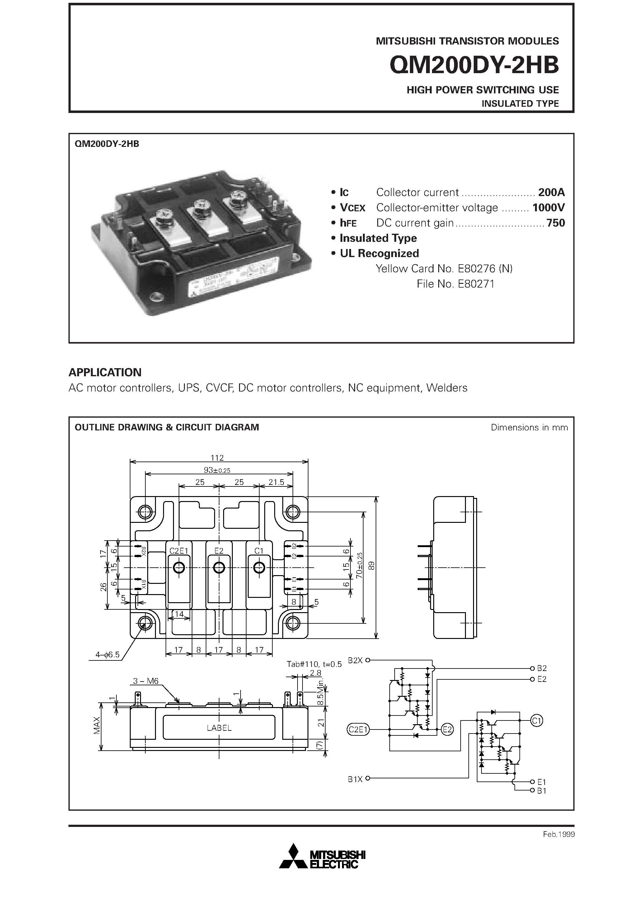 Datasheet QM200DY-2HB - HIGH POWER SWITCHING USE INSULATED TYPE page 1