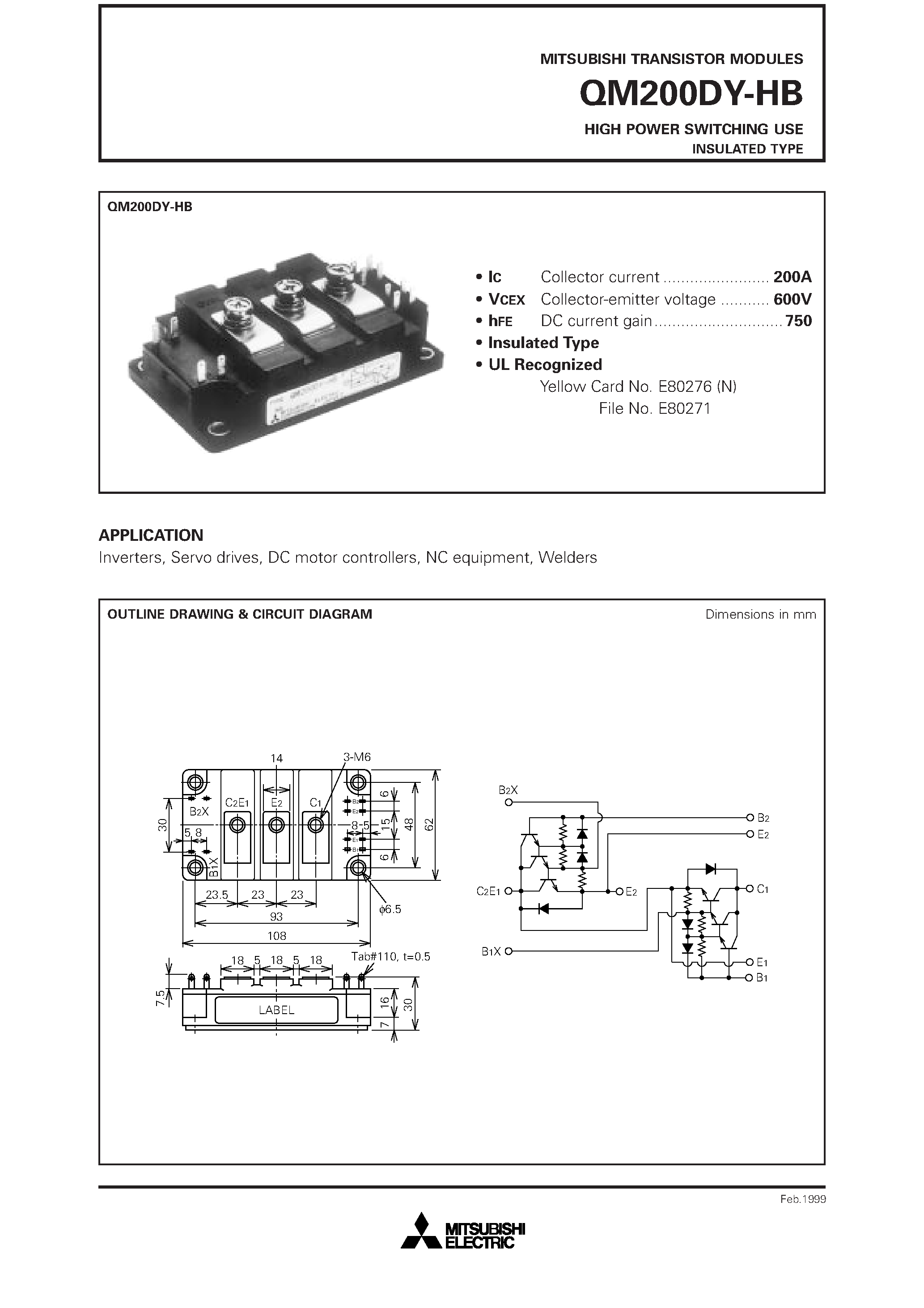 Datasheet QM200DY-HB - HIGH POWER SWITCHING USE INSULATED TYPE page 1
