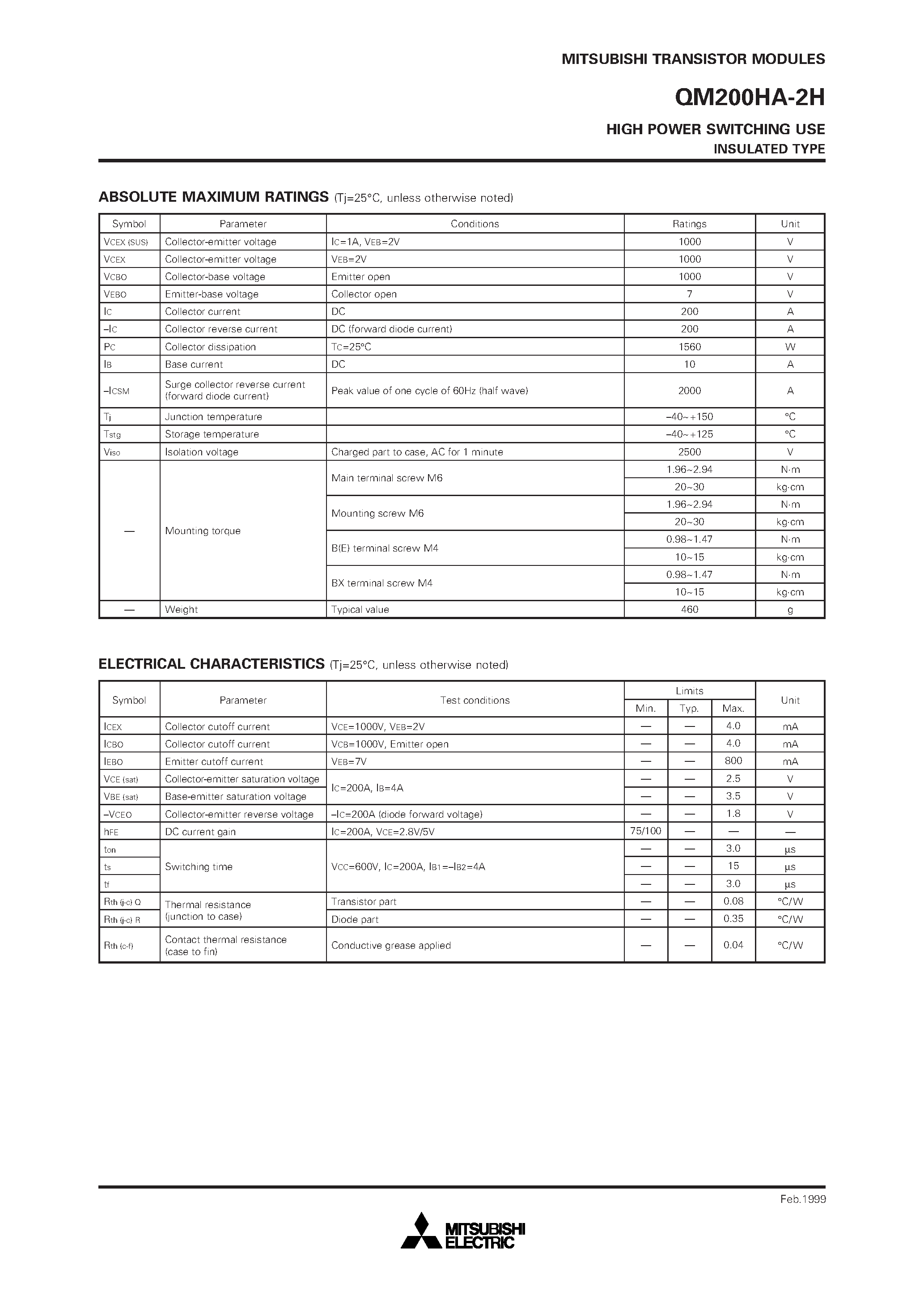 Datasheet QM200HA-2H - HIGH POWER SWITCHING USE INSULATED TYPE page 2